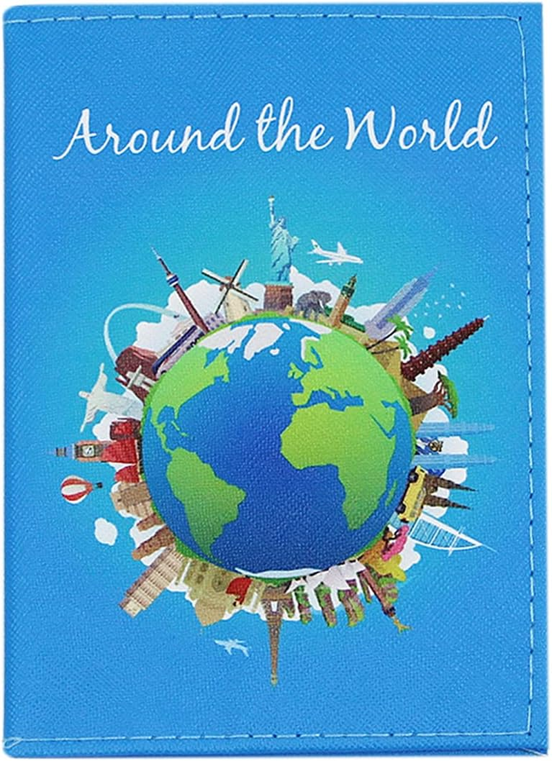 Cute Vegan Leather Passport Holder Cover World Map Travel One Pocket Passport Case Wallet for Kids Teens Adults, Dino-Blue-Plane, One Size, Compact