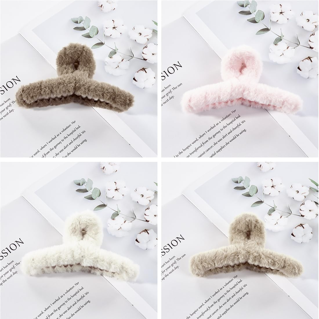 UTSAUTO 4 Pack Fuzzy Hair Claw Clips for Women, Large Non-Slip Strong Large Hair Claw Clips for Women Thick Hair,(Pink+Brown+White+Khaki) image number 4