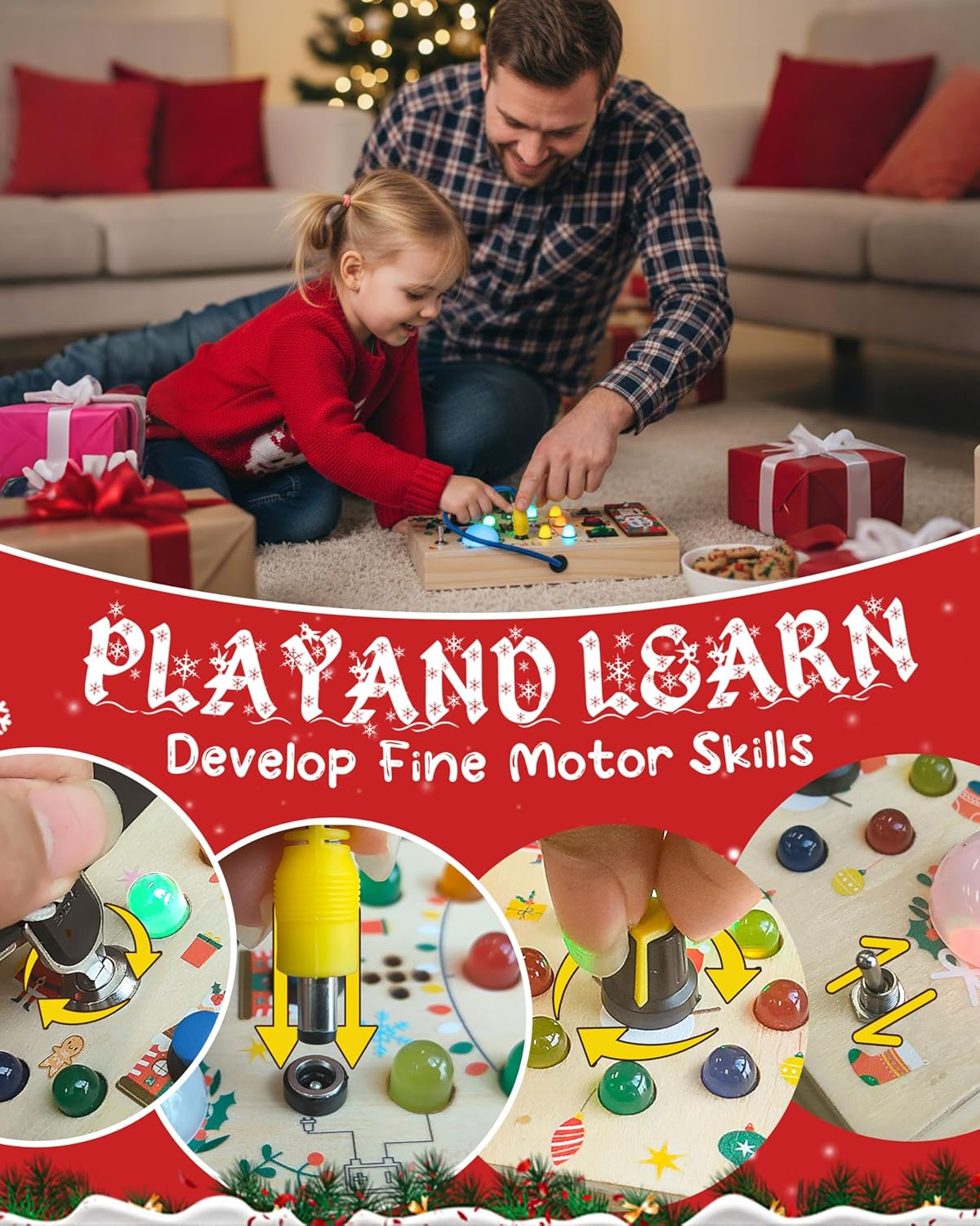 Busy Board Toddler Toys - Wooden Montessori Toys for 3 Years Old Toddlers, Sensory Travel Toy with 14 LED Light up Switches, Ideal Gift for 3+ Year Old Boys Girls, Medium image number 1