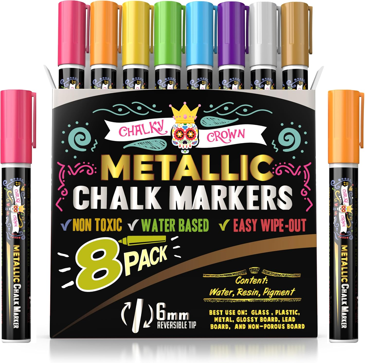 CHALKY CROWN Metallic Liquid Chalk Markers for Blackboard - Drawing Markers with Reversible Bullet and Chisel Tips - Dust Free Charlkboard Markers - Chalk Pens Mirror Pens (8 Pack) image number 5