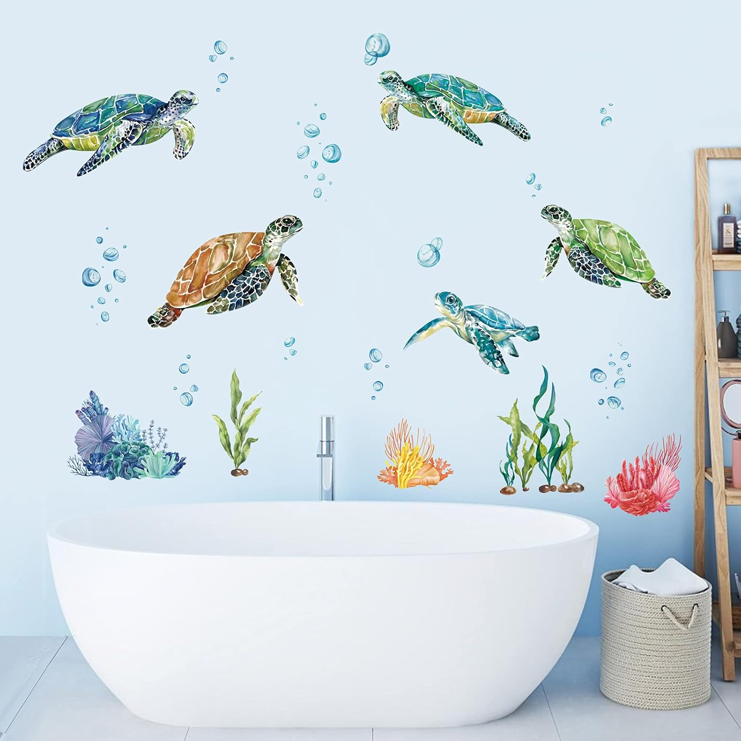 Decalmile Sea Turtles Wall Stickers under the Sea Coral Seaweed Wall Decals Bedroom Bathroom Baby Nursery Wall Decor image number 5