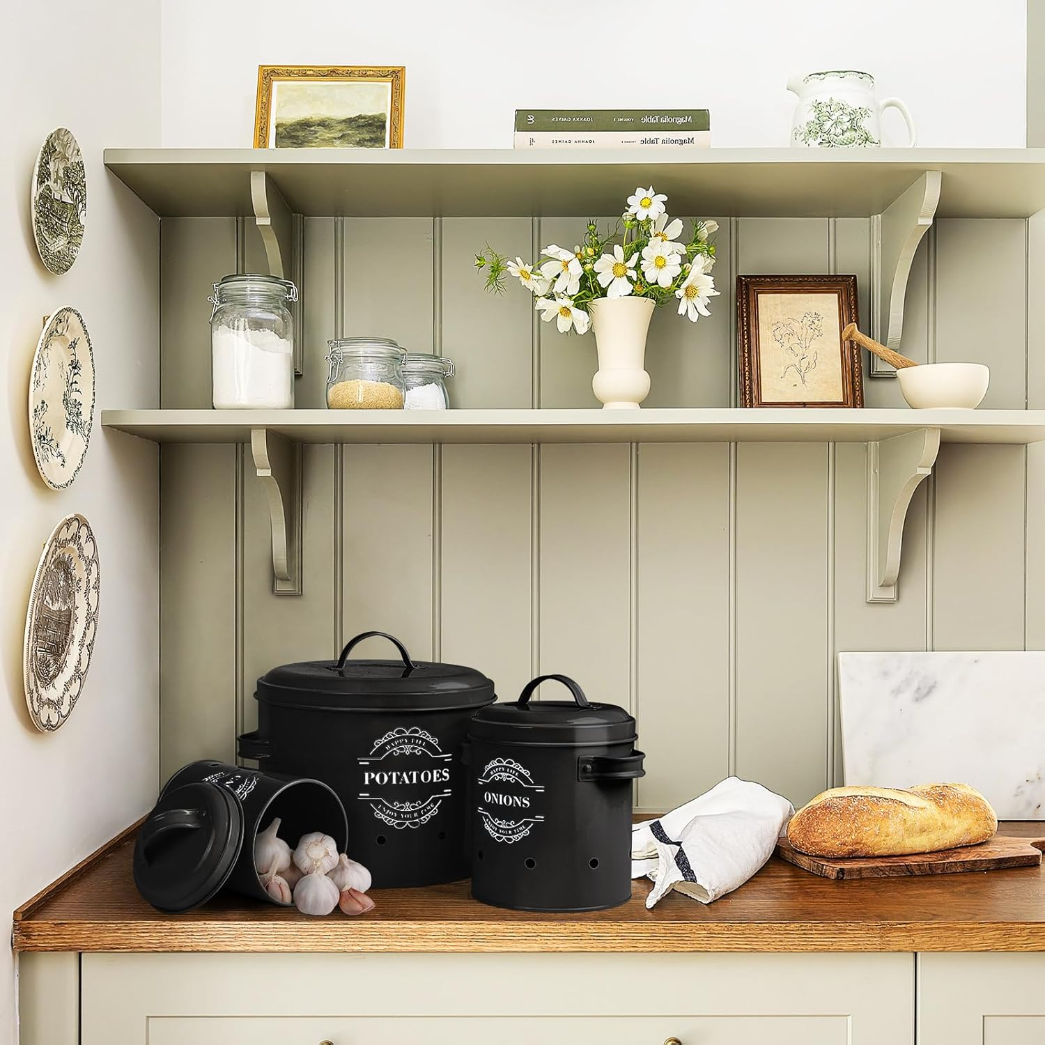 Set of 3 Potato Onion Garlic Storage Bins Kitchen Vegetable Storage Tins Potato Storage Jars with Lids Onion Storage Containers with Ventilation Holes Keeps Vegetables Fresh Longer (Black) - Grey image number 2