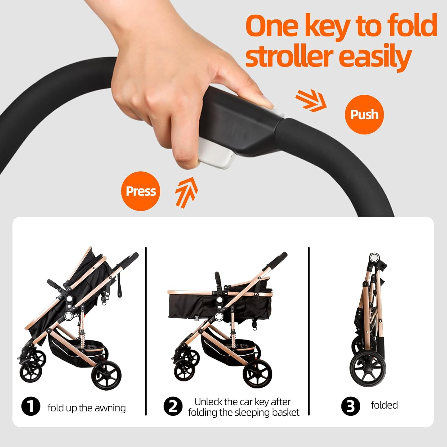 Winklestar Baby Stroller and Pram 3-In-1 Travel Pram with Bassinet, High-View Design, One-Hand Fold, 5-Point Safety Belt & Shock Absorption, 50KG Capacity, Includes Mosquito Net & Cup Holder (Black) image number 1