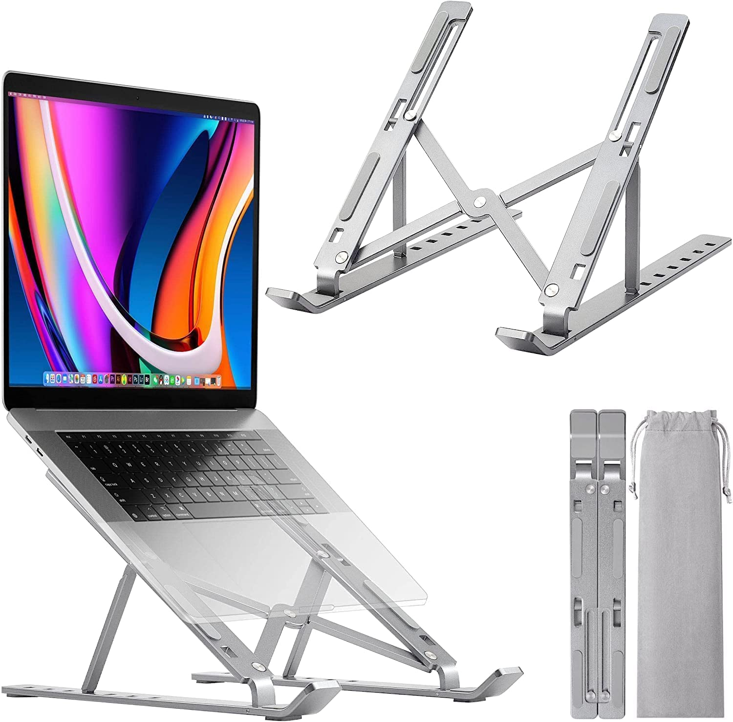 Ixtra Laptop Stand for Desk,Foldable Portable Anti-Slip Aluminum Laptop Holder with 7 Levels Height Adjustment Laptop Riser Compatible with Macbook,Ipad,Dell,10-16&rdquo; Laptops(Grey) image number 1