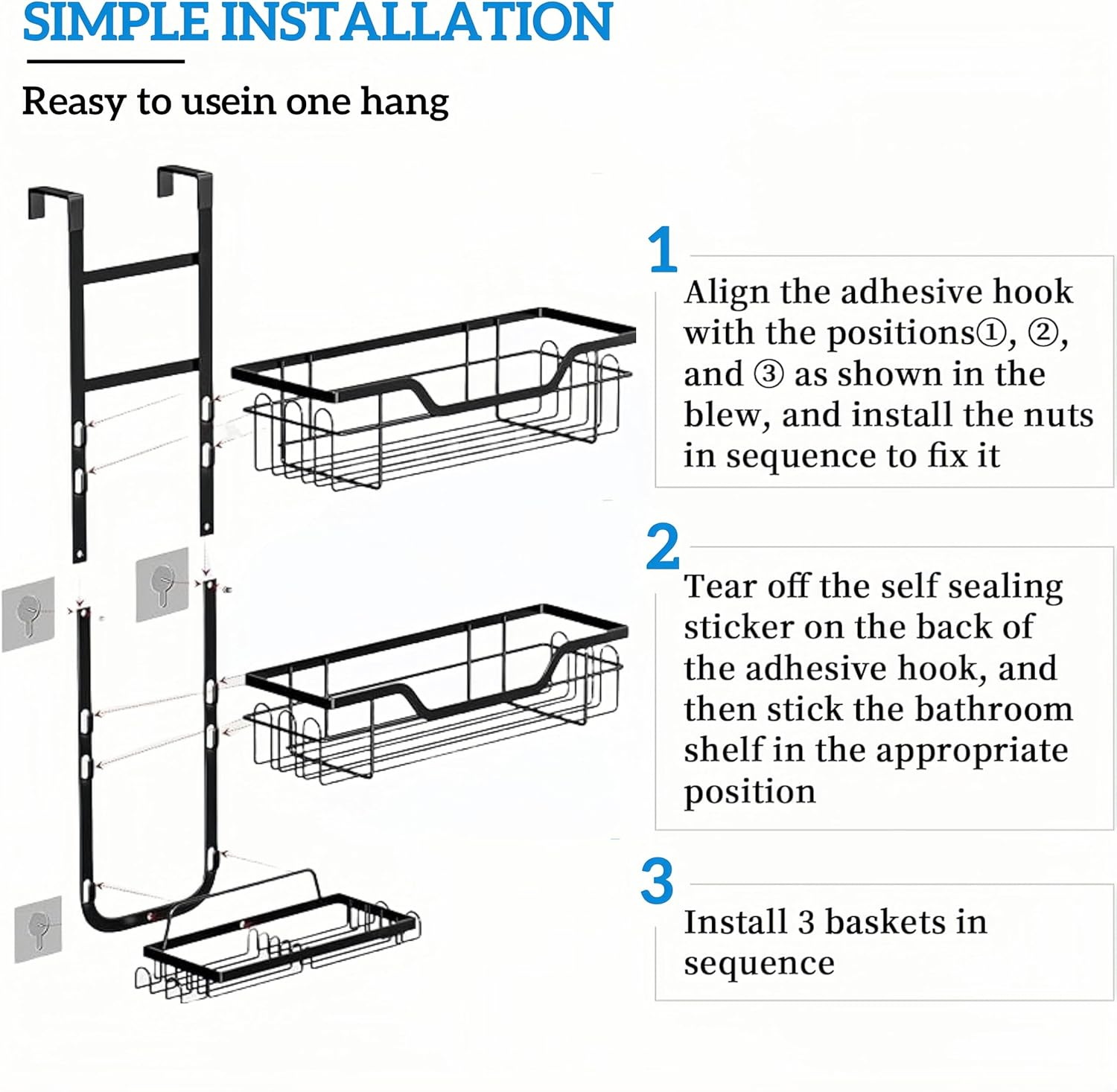 3 Tier over the Door Shower Caddy Hanging Shower Shelf with Soap Holder, Bathroom Hanging Shower Caddy over the Door Hanging Shower Basket with 4 Hooks, Toiletries Organizer for Bathroom Storage image number 1