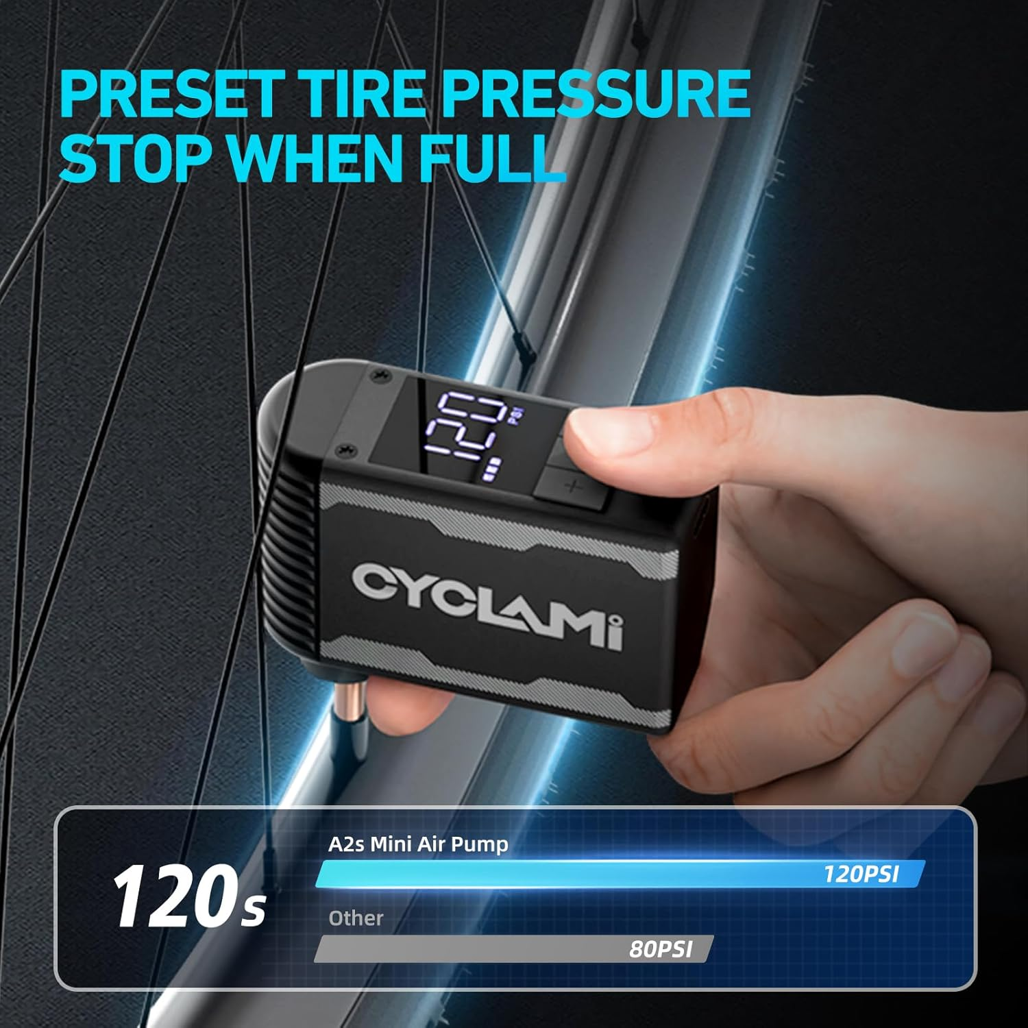 Mini Tiny Bike Pump with Gauge, 120PSI Electric Bicycle Air Pump, Auto Stop, Presta and Schrader Valve Aluminium Portable Tire Inflator for All Bike, Motorcycle, Type-C Rechargeable image number 6