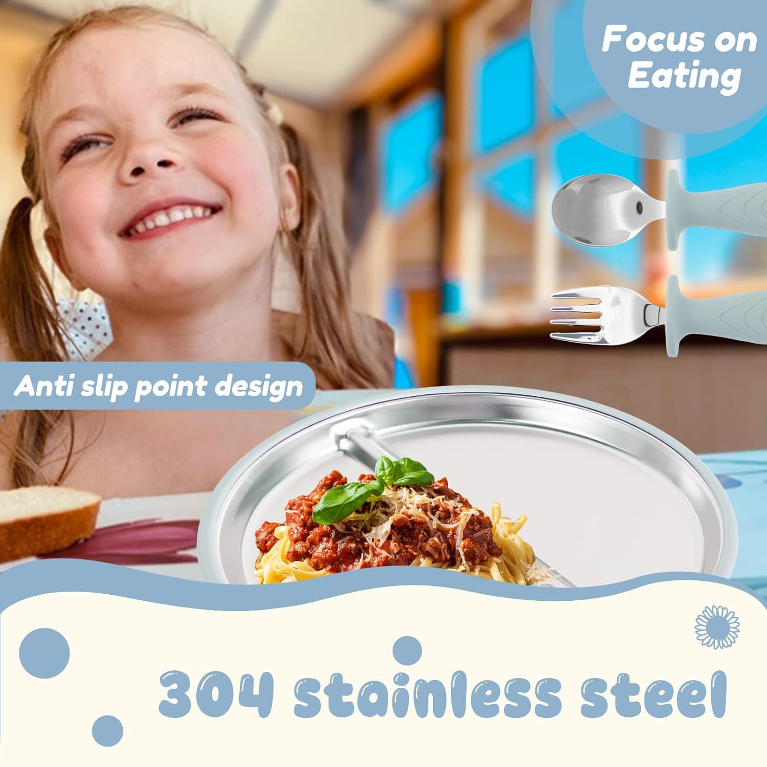 4 Pcs Stainless Steel Kids Plates Set Includes Plate Bowl Fork and Spoon, Creative Divided Food Tray, Dishwasher Safe Baby Feeding Set for Home Picnic Outdoor Activity (Light Blue) image number 4