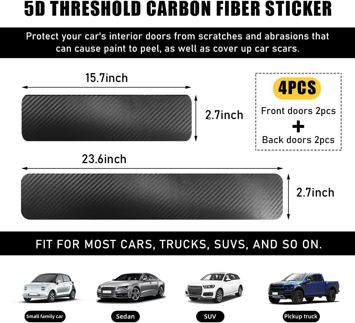 4 PCS Car Door Sill Protectors, anti Scratch Carbon Fiber Auto Threshold Cover Strips, Decorative Door Entry Edge Scuff Sticker Universal for Most Vehicles, Car Accessories (Black 5D) - Blue 3D image number 7