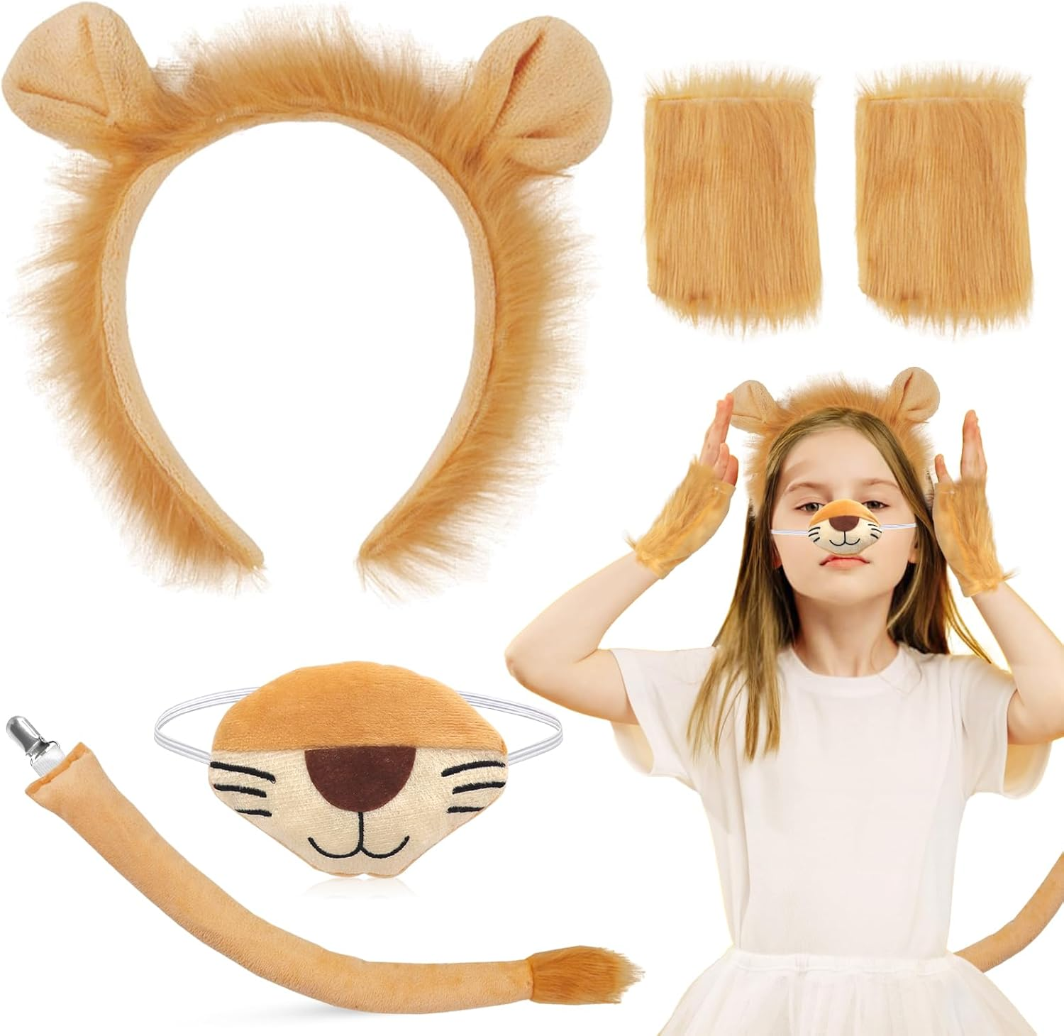 5Pcs Lion Fancy Accessories, Costume for Adults Kids - Headband Mane, Gloves, Tail, Nose - Animal Cosplay Costume Accessories for Halloween Fancy Dress