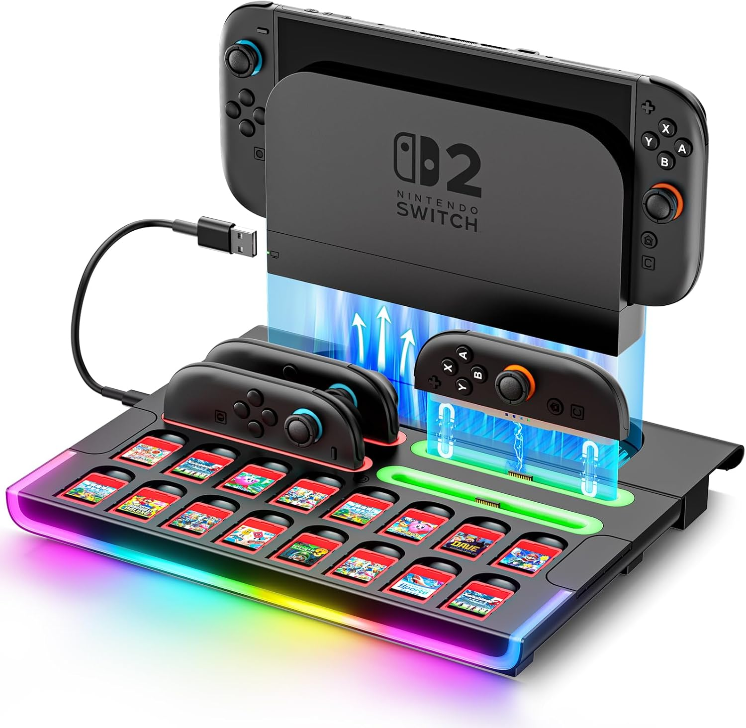 Switch 2 Organiser Station for 2025 NS2 Controllers & Console, Magnetic Switch 2 Controller Charger Dock with 9 RGB Modes, Switch 2 Joycon Charging Dock with 16 Game Card Slots, NS2 Storage Organizer image number 2