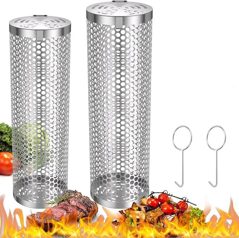 2 PCS Rolling Grill Baskets, 304 Stainless Steel Rolling Grilling Net, Nesting Grill Baskets for Vegetables Shrimp, BBQ, Outdoor Cooking Camping, Gifts for Men Dad Husband