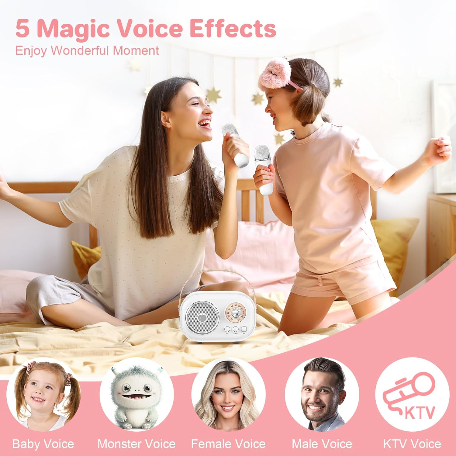 Mini Karaoke Machine for Kids Adults,Portable Bluetooth Speaker with 2 Wireless Microphones, Gifts Toys for Girls 3, 4, 5, 6, 7, 8+ Years Old Toddler Teens Birthday Family Home Party (White) - Beige image number 5