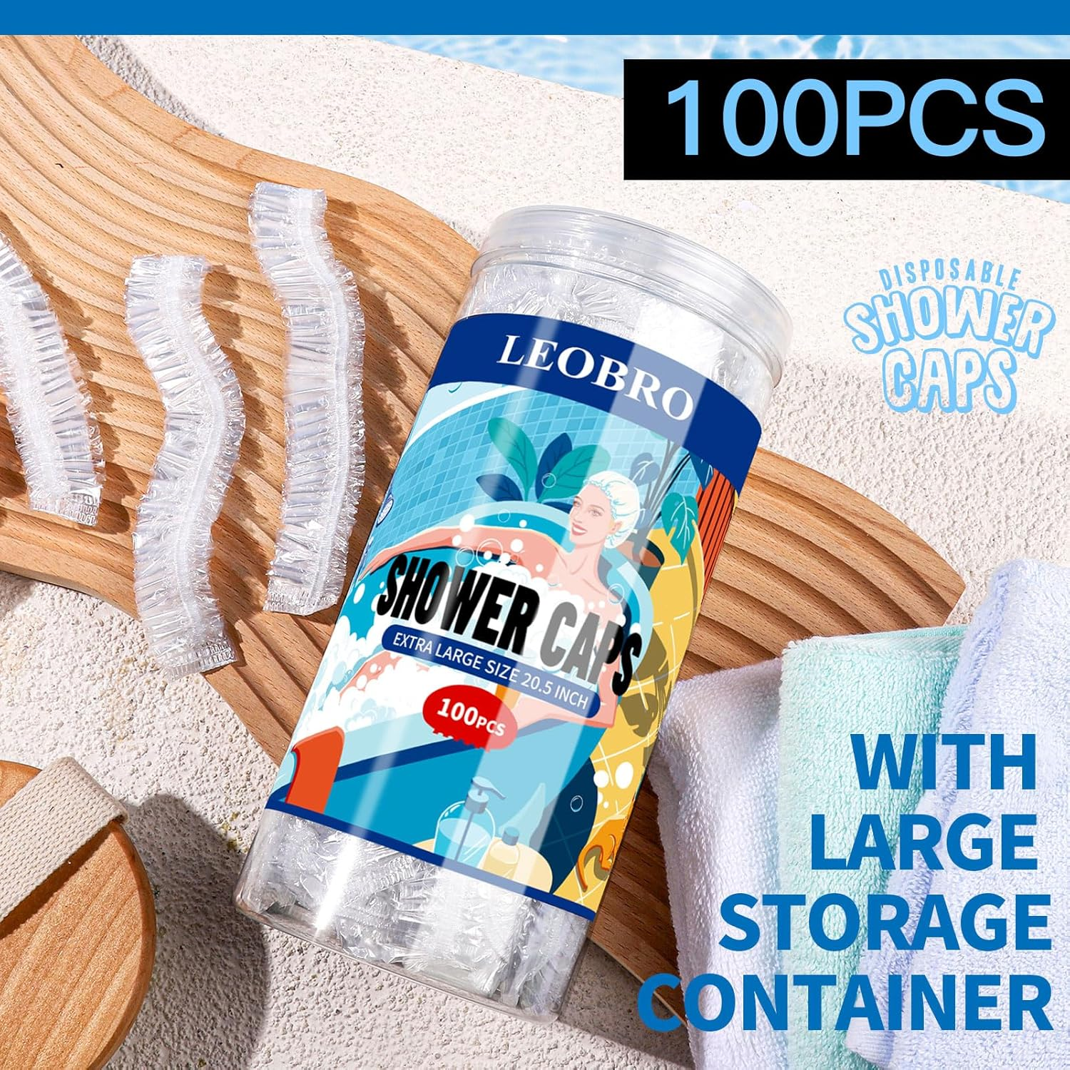 LEOBRO Extra Large Disposable Shower Cap, 100PCS, Clear Thick Plastic Hair Caps for Women, Hair Treatment, 20.5 INCH image number 3