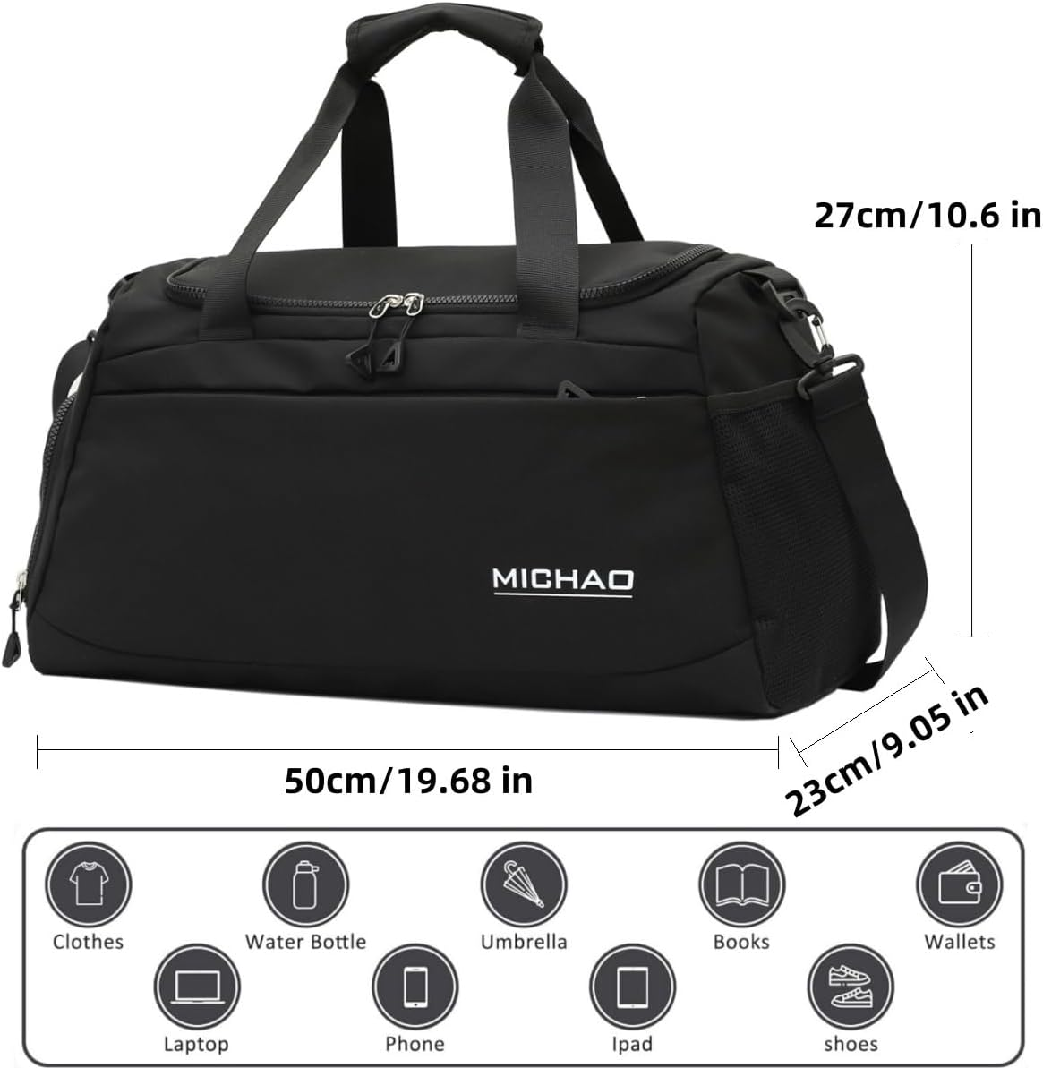 Gym Bag for Women Men,Waterproof Travel Duffle Carry on Shoulder Weekender Overnight Bag with Shoe Compartment & Wet Pocket, Tote Travel, Workout, Sport.Black image number 3