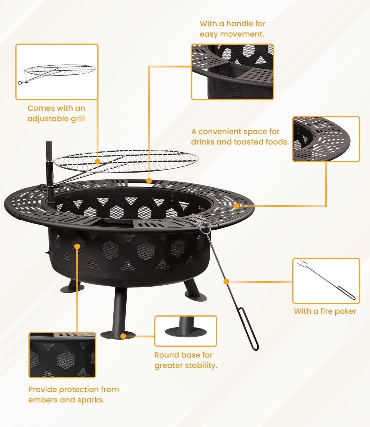 Bettermade 32 Inch Outdoor Fire Pit, 2-In-One Large Camping Fire Pits for outside with Cooking Grill and Fire Poker, Wood Burning Firepit for Bbq,Warm Up, Patio, Bonfire, Camping, Picnic. image number 5
