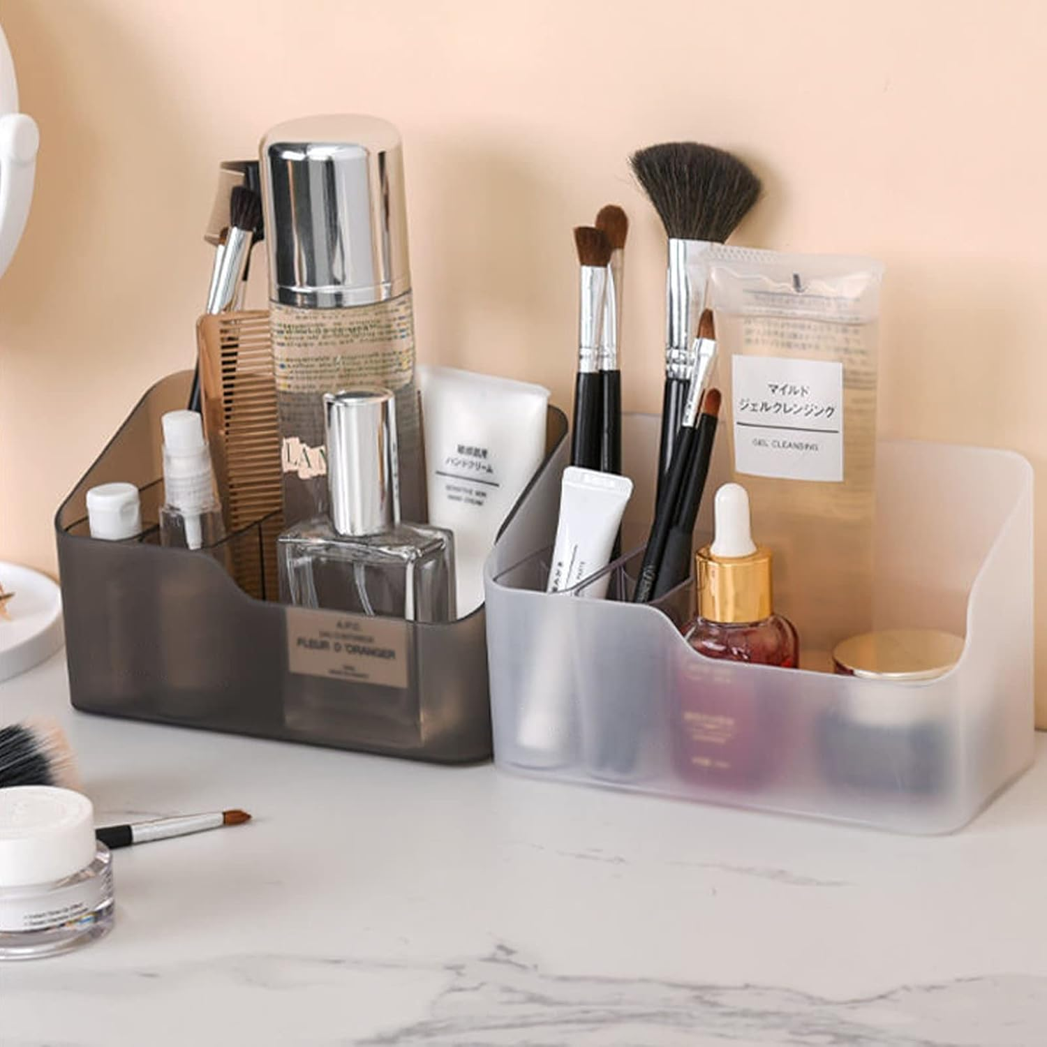 Ailelan Cosmetics Organiser, 2 Pack Makeup Organiser Storage Box with Detachable Makeup Brush Holder, Waterproof Makeup Storage Box Vanity Organiser for Bathroom Mirror Cabinet Desk Office Organize image number 3