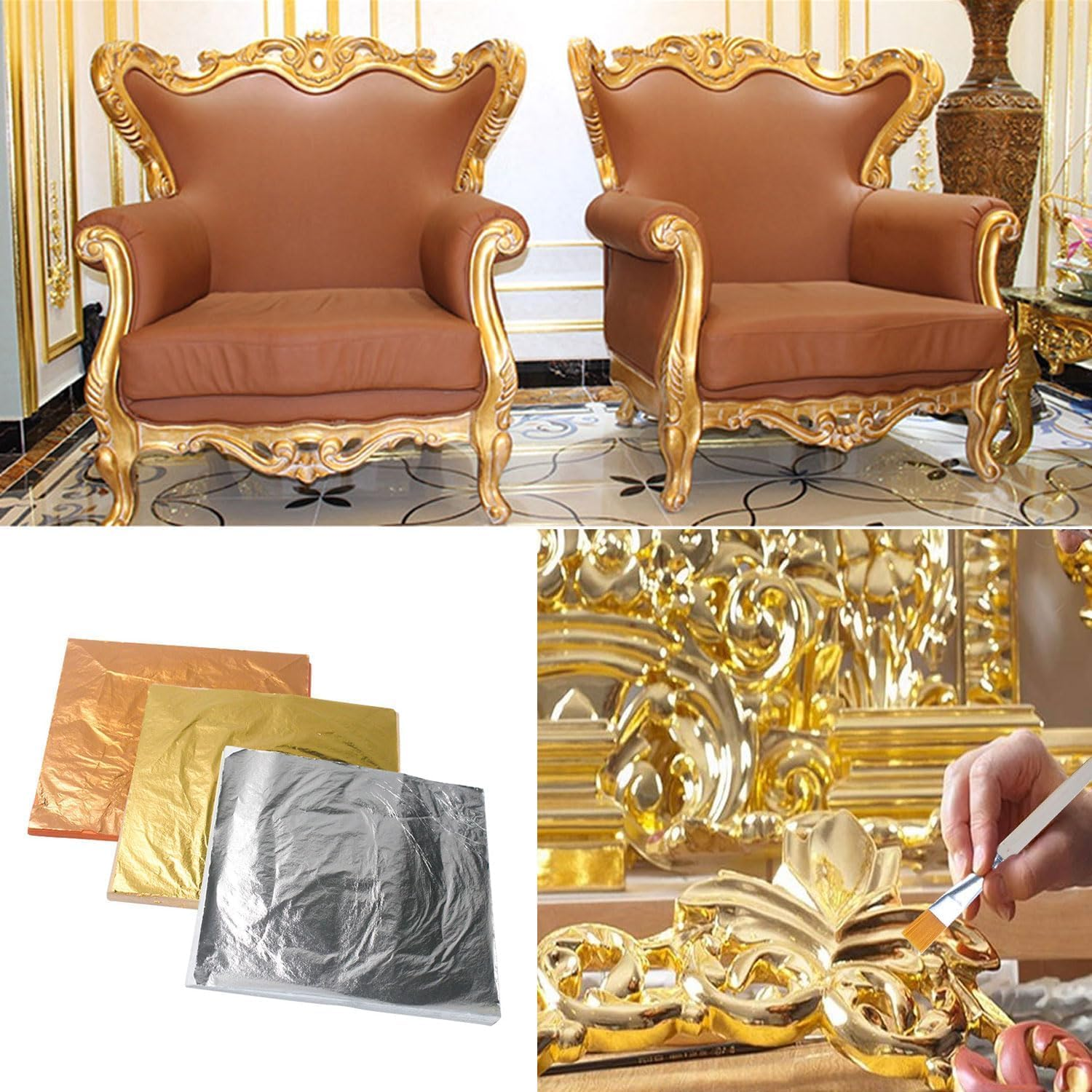 150Pcs Gold Foil Sheet with Tweezer and Brush,Imitation Gold Foil Sheet with Tweezer and Brush,Rose Gold Silver Gold Foil Sheet with Gilding Brush Tweezer,Foil Paper Art Gold Foil Sheet with Tweezer image number 3