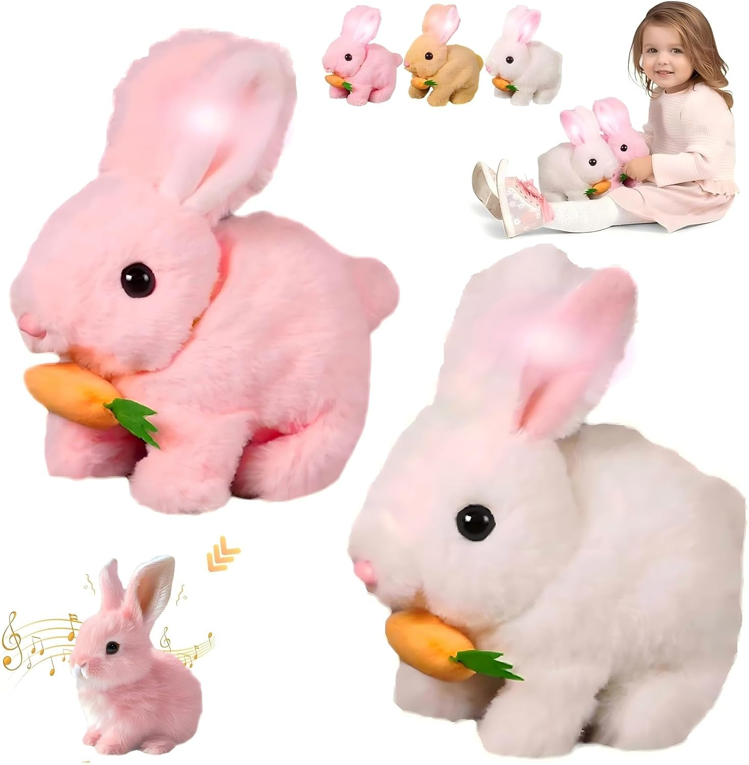Bunny Toy - 2Pcs Easter My Realistic Bunny Toy, Plush Interactive Rabbit Toys - Can Walk, Talk,Jumping, Twitching, and Shaking Ears, Bunbi Realistic Toys (White & Pink)