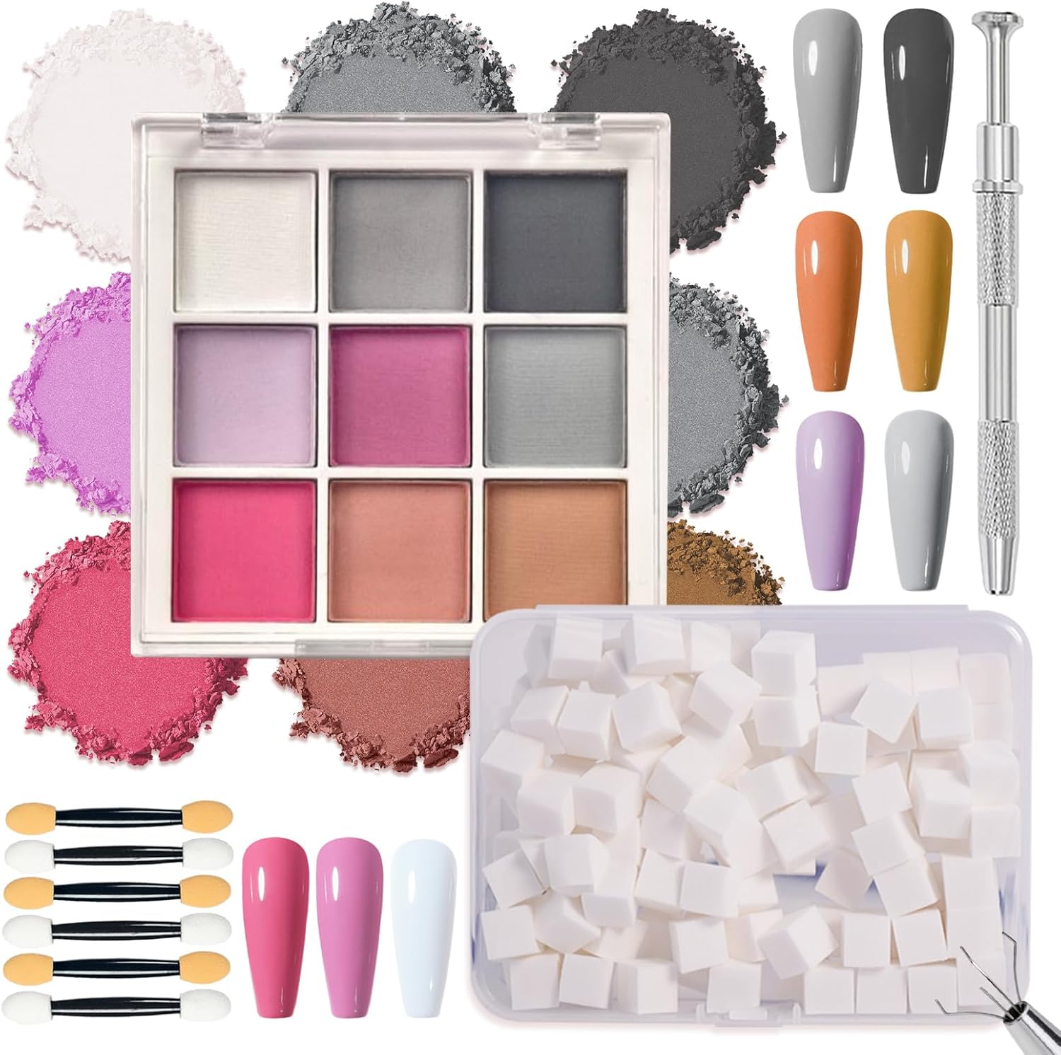 MKNZOME 9 Colours Nail Pigment Powder Palette, Chrome Nail Powder, 100 Pcs Nail Sponges for Ombre with Metal Grabber, Nail Art Tools for Nail Design, B