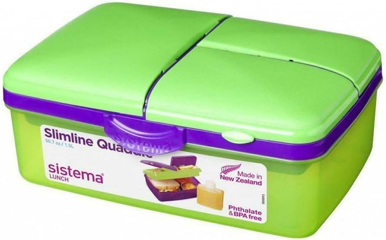 Sistema Lunch Slimline Quaddie Lunch Box with Water Bottle | 1.5 L Air-Tight and Stackable Food Storage Container | Assorted Colours image number 2