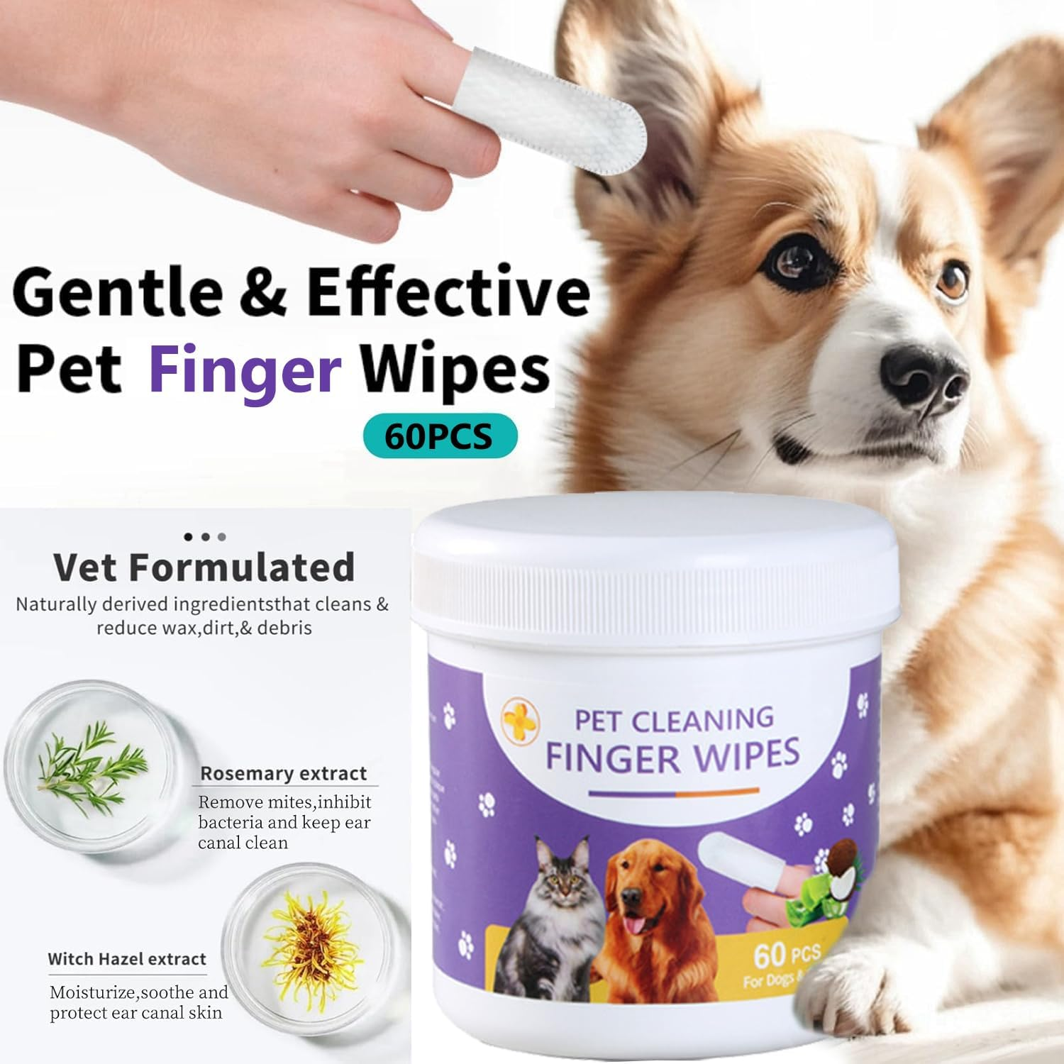 Mumoo Bear 60 Count Ear Teeth Wipes for Dogs and Cats, Pet Ear Cleaner Wipes Pet Dental Care Finger Pads for Fresh Breath & Oral, Soothing Cleansing,Odor Removal,Natural Plant Extracts (Pack of 2) image number 3