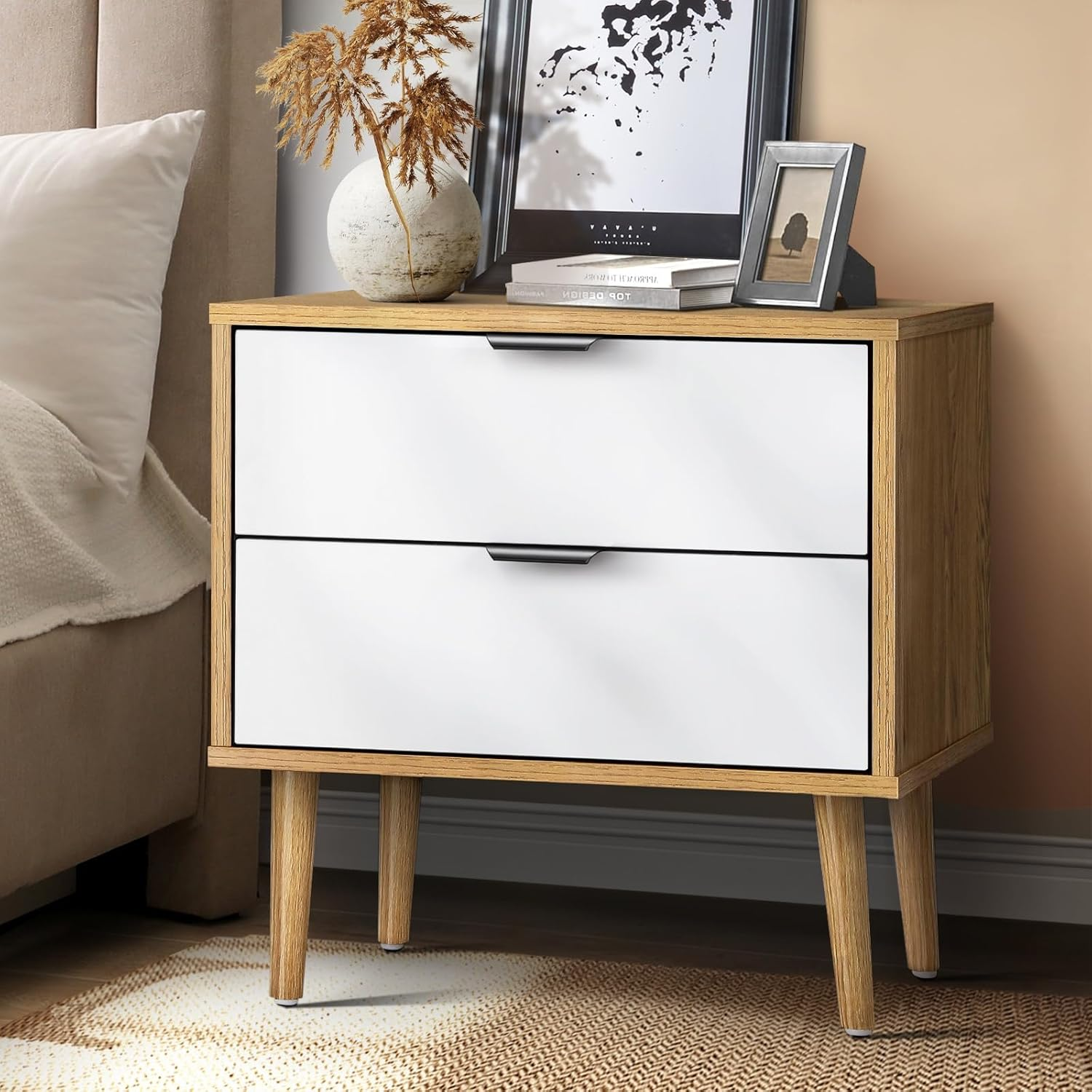 Oikiture Bedside Table with 2 Drawers, Wooden Side Table Nightstand Home Storage Furniture Wood