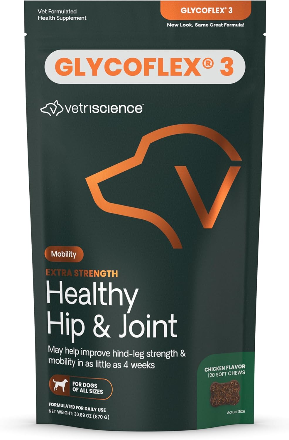 Vetriscience Extra Strength Healthy Hip & Joint Chews, Glycoflex Glucosamine and Green-Lipped Mussel Joint Support Supplement for Dogs, Promote Mobility and Soothe Joint Discomfort, Chicken, 120 Count image number 4