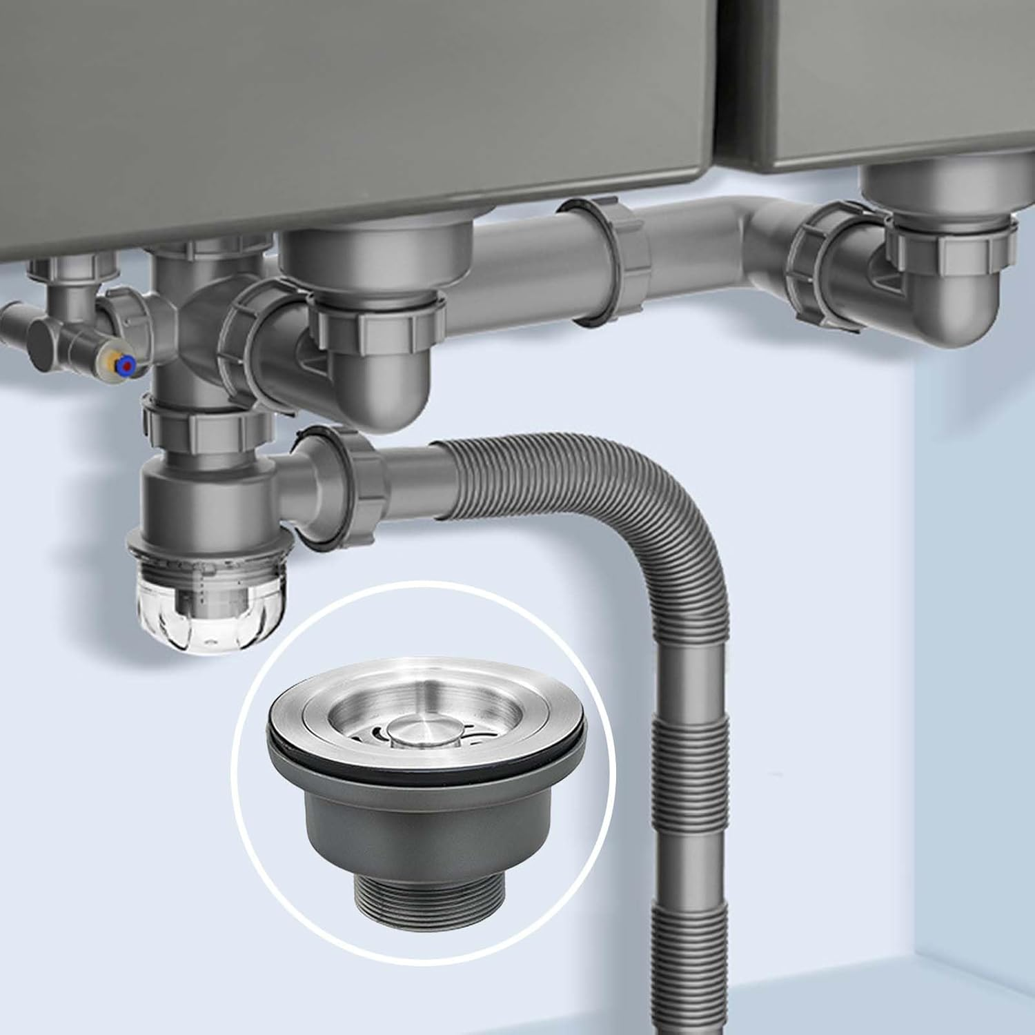 Qruilantu 3-1/2'' ﻿Kitchen Sink Drain Kit Sink Drain Basket Sink Drain Assembly 304 Stainless Steel Sink Strainer Drain Basket Replacement Fit Standard Sink Drain Hole - Gray+Tailpiece image number 1