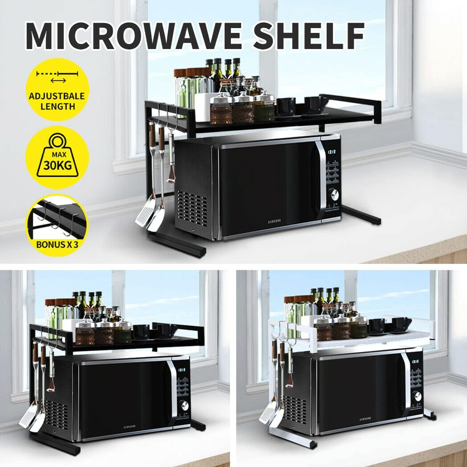 Microwave Shelf Kitchen Organiser Oven Rack Toaster Stand Shelf Storage Metal Cabinet Shelving Kitchen Supplies Tableware (Black) image number 3