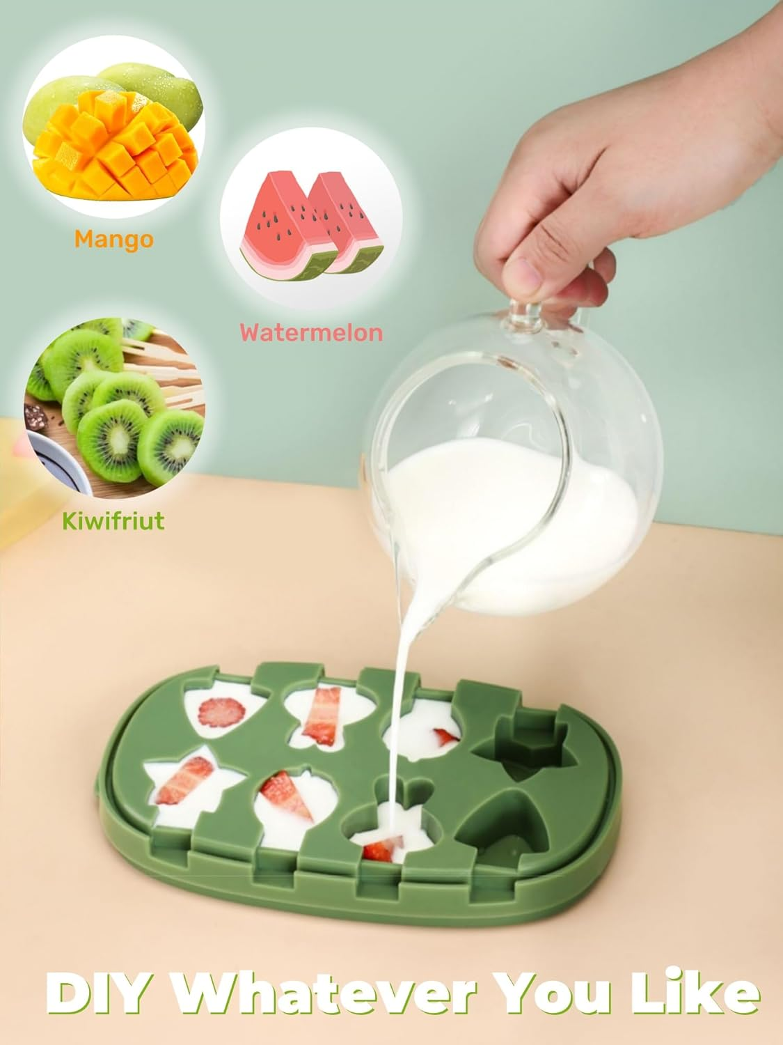 Silicone Popsicle Molds, Cute Cartoon Animal Flower Friut Bunny Molds, Mini Size Reusable Cake Pop Mold Set with Lid and Stick, Easy Release BPA Free (Green-Crocodile(8 Pieces)) image number 3