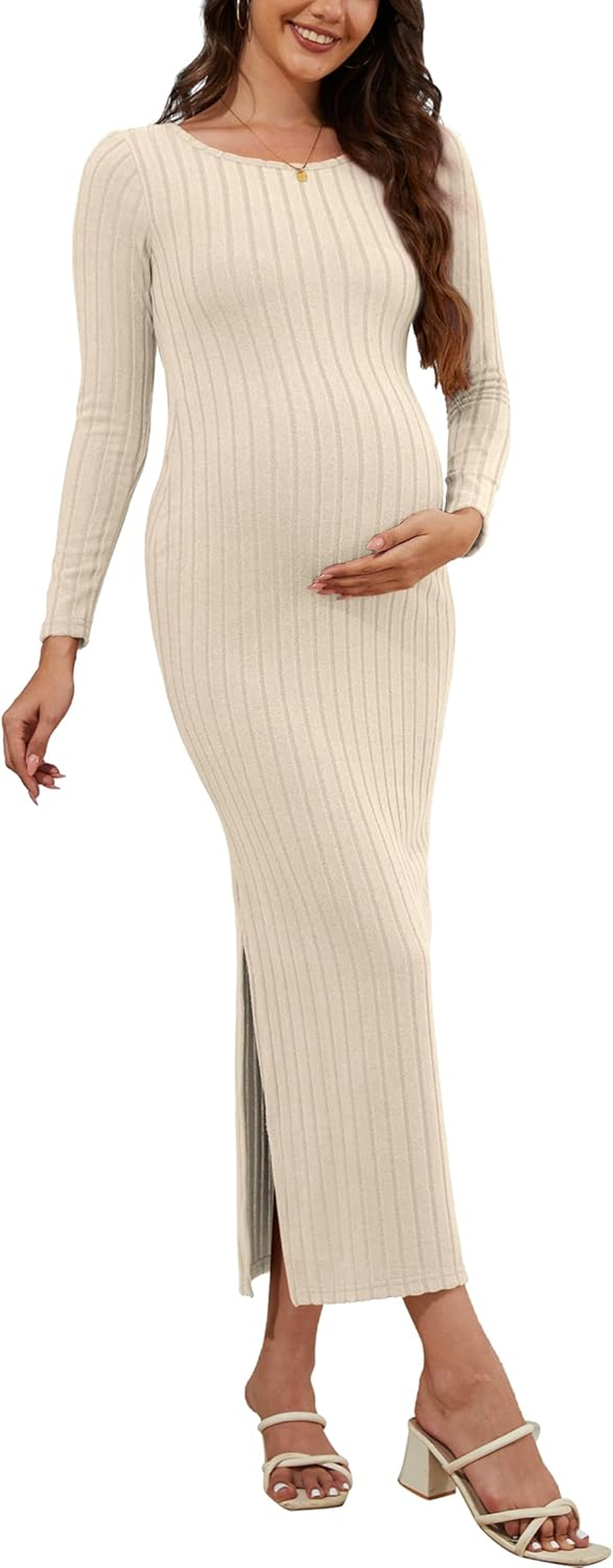 Women'S Maternity Sweater Dress Ribbed Knit Long Sleeve Maxi Bodycon Dress Pregnancy Outfits