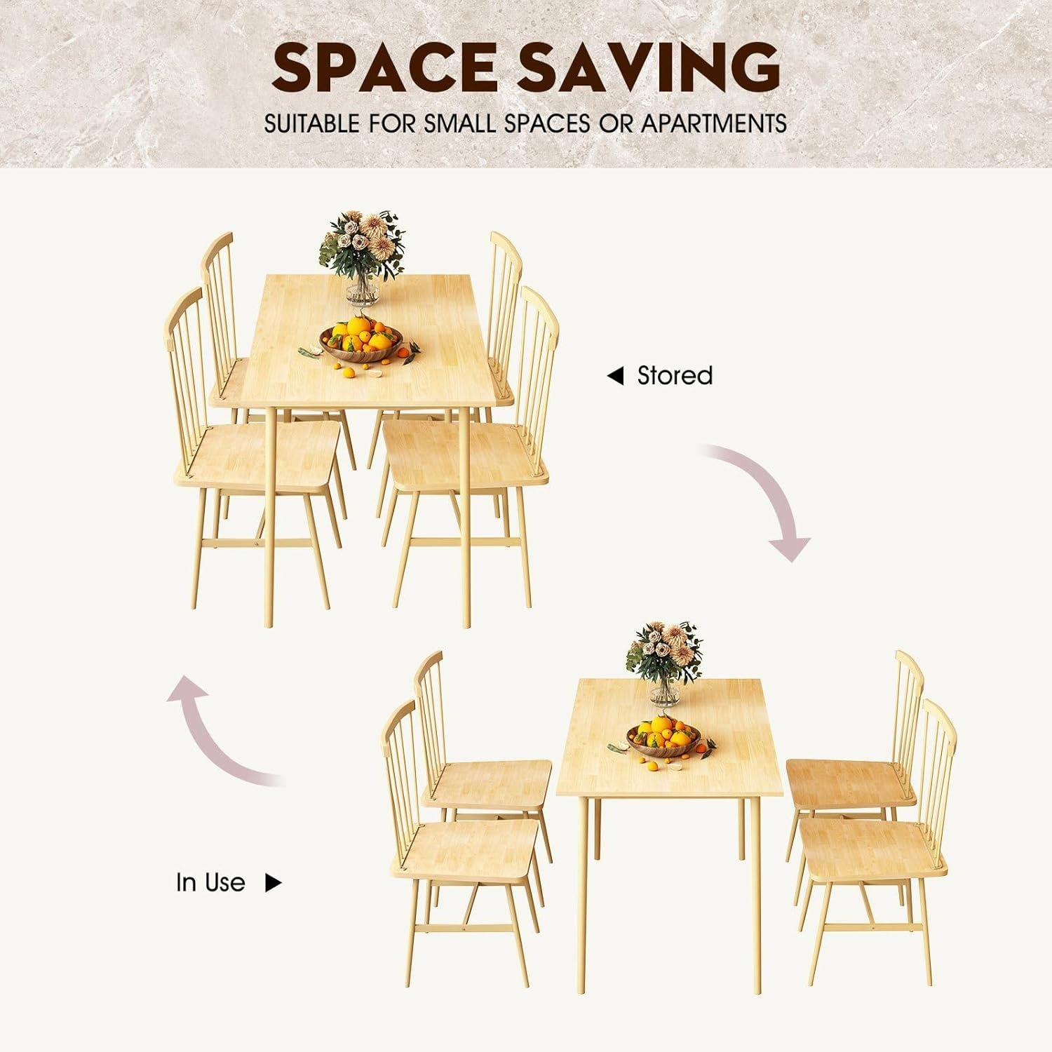 Luxsuite 5Pcs Dining Table & Chairs Set Mid Century Style Wooden Chairs Spindle Back Kitchen Dining Room Chairs Oak image number 3