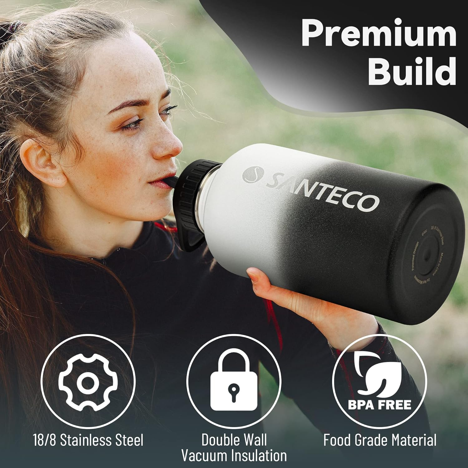 SANTECO Insulated Water Bottle with Straw 64 Oz Stainless Steel Leak-Proof 2 Liters Thermos Flask with Handle Lid Large Capacity Sport,Hiking,Gym-White Black image number 4