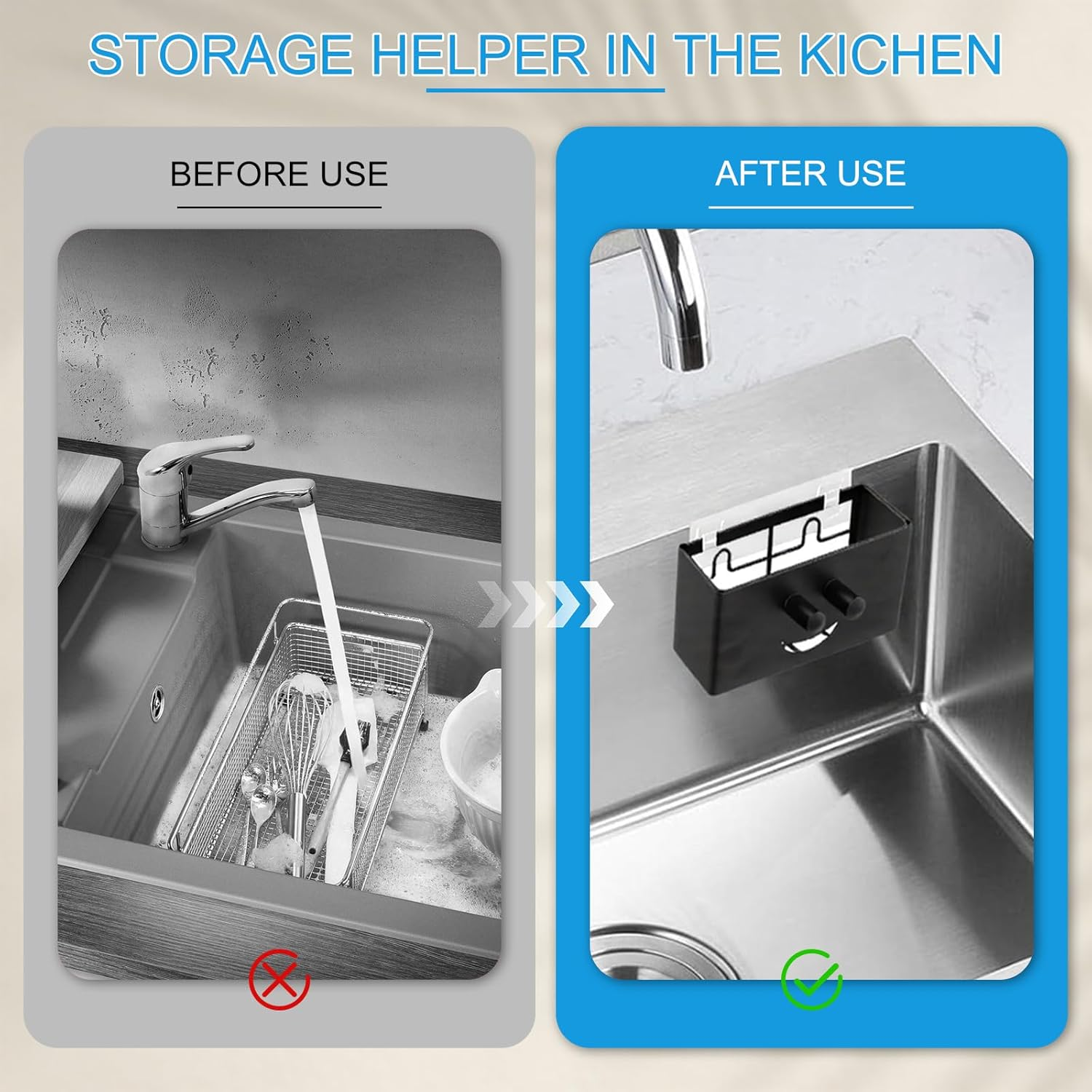 QINGZY Sink Organiser, Smiling Design with Strong Adhesive Hook & 2 Suction Cups, Sink Organiser for Kitchen & Bathroom, Sink Caddy, Sponge Holder, Rustproof, Space-Saving, Wall Mounted image number 2