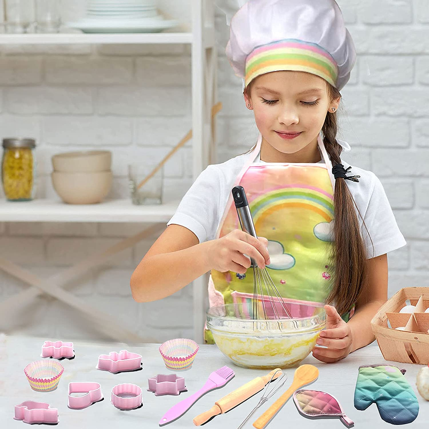 Real Kids Cooking and Baking Set - 26 Pcs Kids Chef Role Play Costume Set Includes Rainbow Apron, Chef Hat, Cooking Mitt, Utensils, Cupcake Molds for Toddler Boys and Girls Ages 3+
