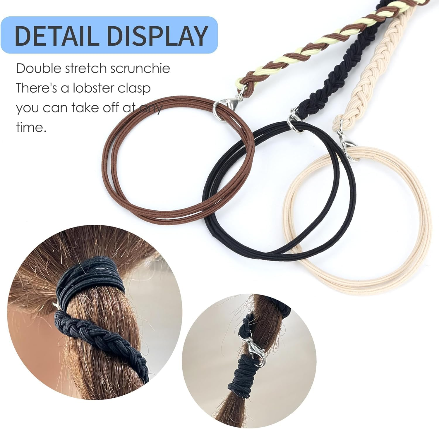 3 Packs 25" Rip Hair Ties,Elastic Hair Tie No Damage Strong Tangle Free Braided Pony Tails Hair Ties Pony Tail Wrap for Long Hair for Gym, Swimming (Coffee, Beige,Black, 25") image number 4