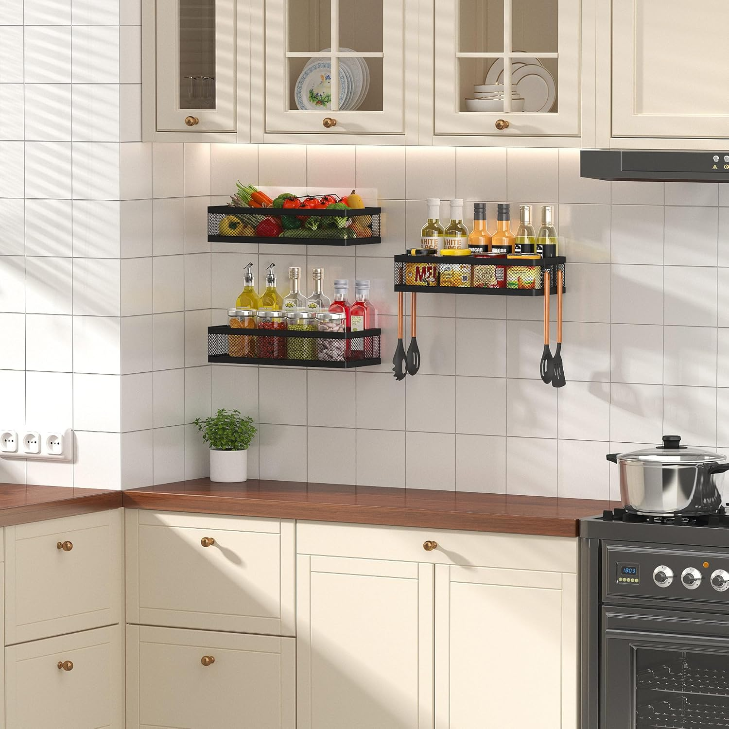 PUSDON Hanging Storage Baskets Organizer Wall Mount, Metal Wire Storage Bin Rack for Kitchen Bathroom Shower Spice Shelf Home Decor Essentials Black-2 Packs (Netting) image number 3