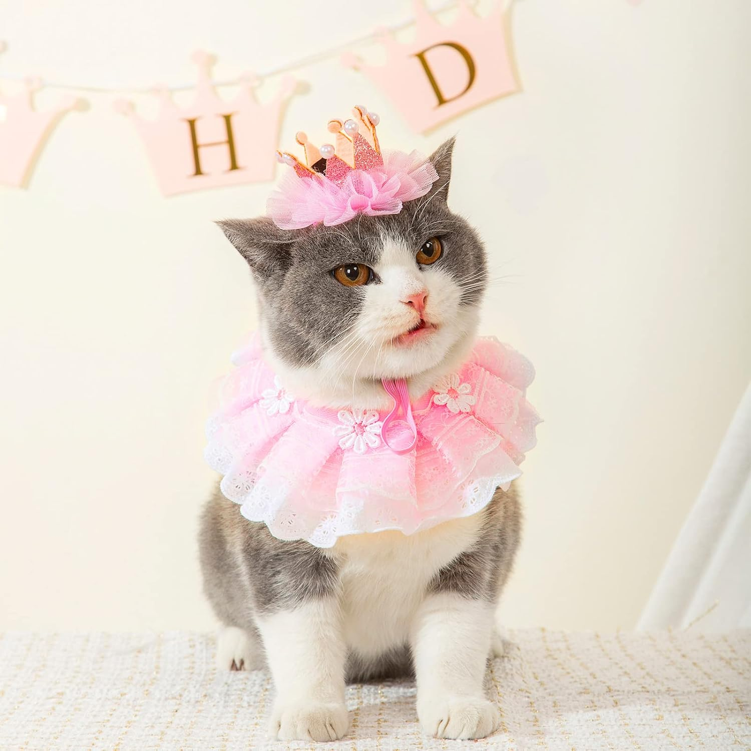 4Pcs Cat Birthday Crown Hat for Cats & Cat Lace Bandana Pink Princess Costumes for Cats Birthday Party & Pink Happy Birthday Crown Banner & Crown Cake Toppers with NO. 0-10 image number 6