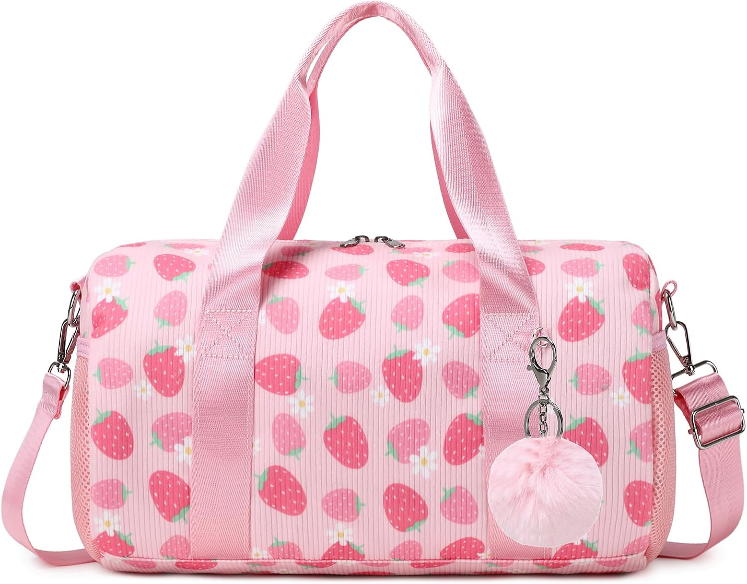 Ballet Bag for Girls, Strawberry Dance Bag with Plush Pendant Small Dance Bag Gymnastics Sport Bag Overnight Travel Sleepover Bags with Wet and Dry for Toddler Girls Age 4-6