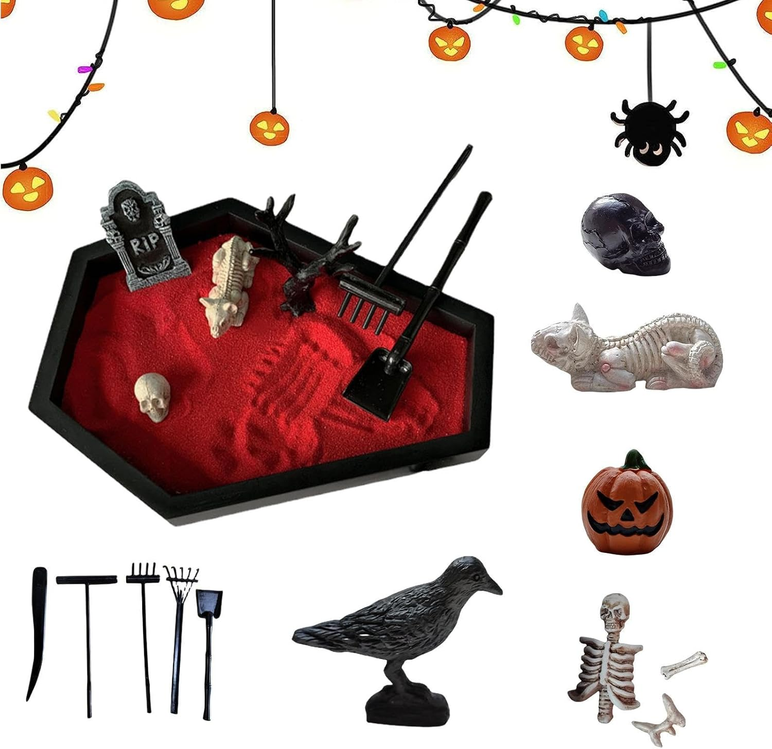 Zen Garden for Desk | Coffin Sand Decoration for Halloween - Indoor Ornament with Skull, Tombstone, Crow, Halloween Prop for Microlandscape image number 6