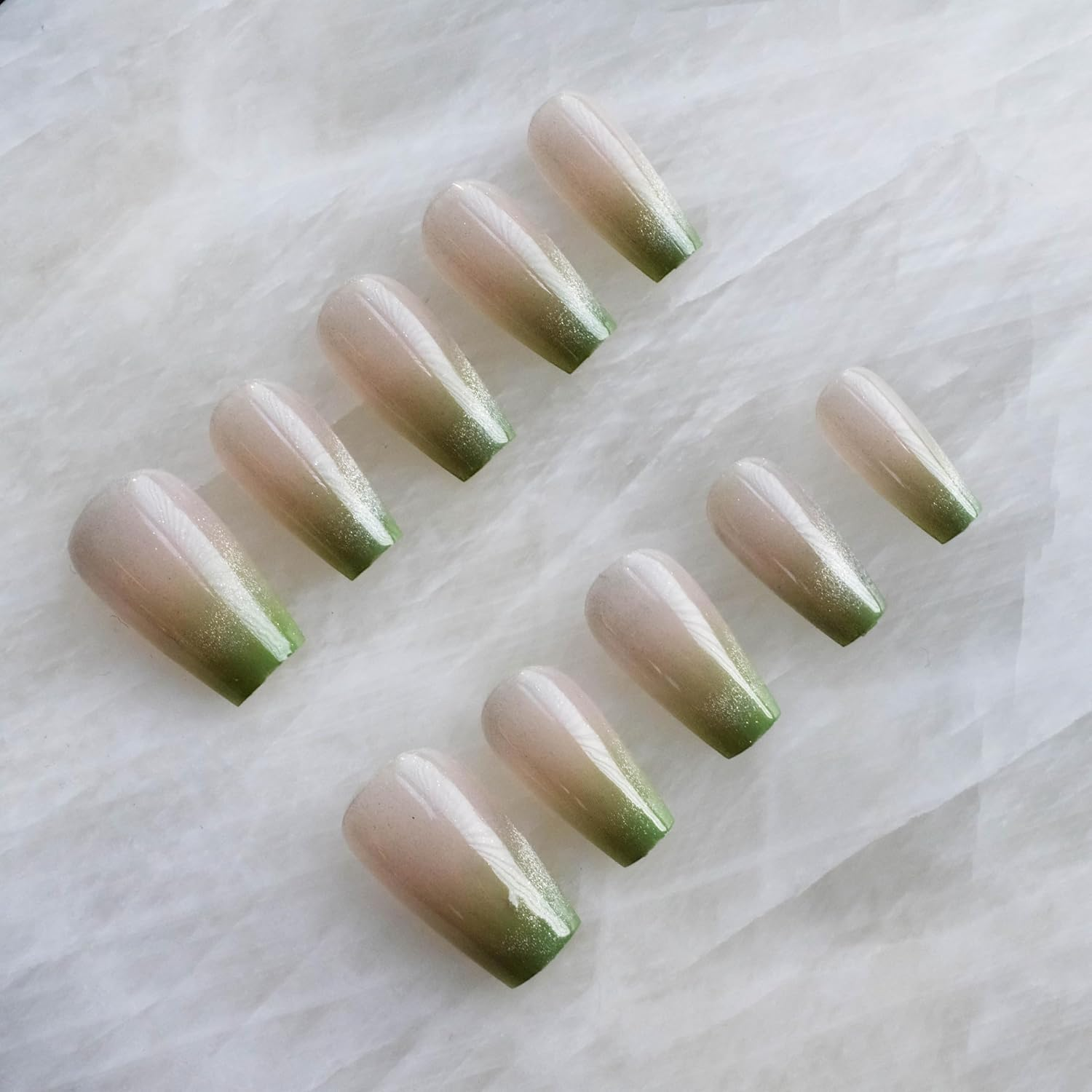 Glossy Cat Eye Ballerina Press-On Acrylic Nails, Coffin Style (Green, S)