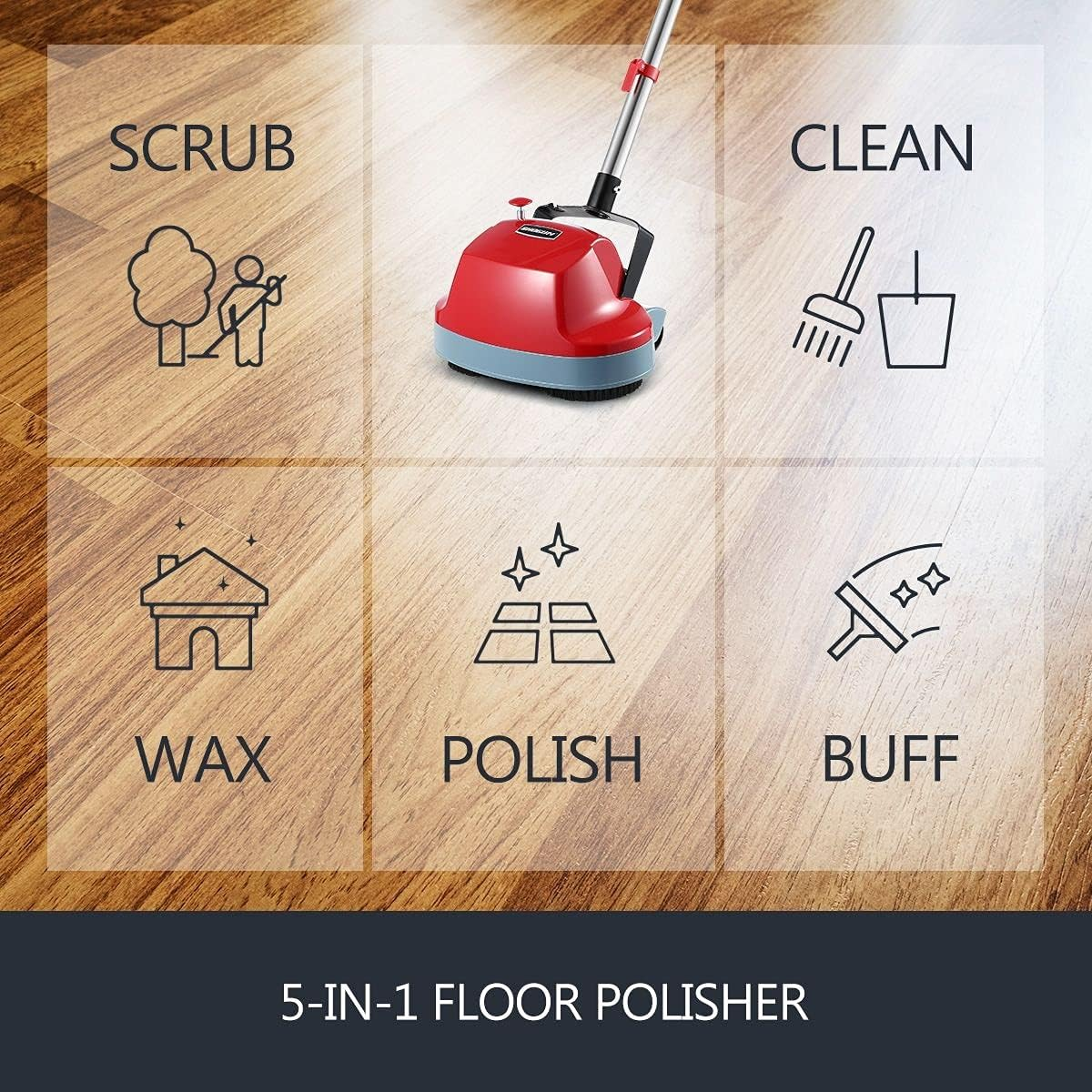 AUSWAY 5In1 Electric Floor Polisher Timber Tile Cleaning Wax Scrubber Buffer Cleaner for Tiled Hardwood Stone Concrete Flooring