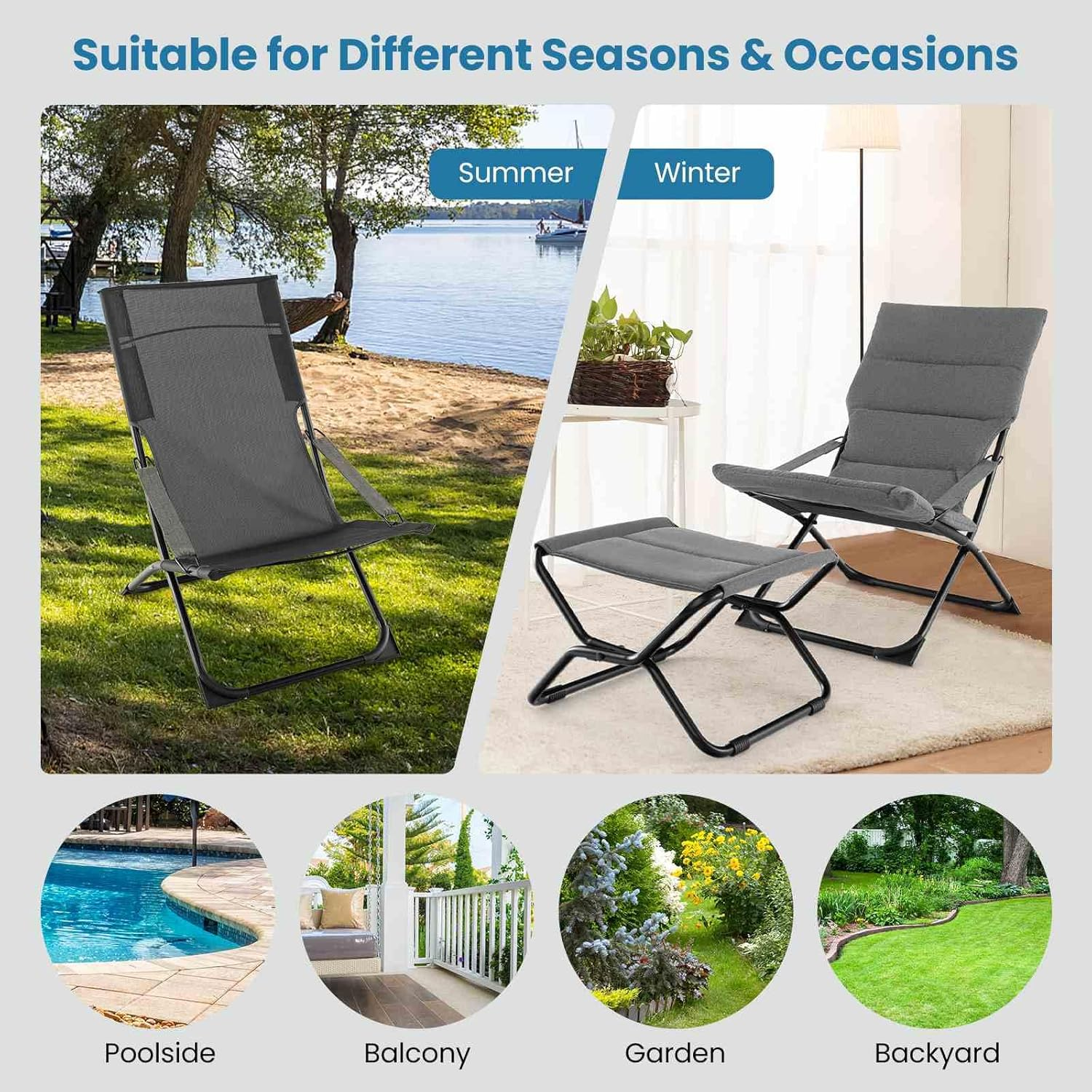 Costway Patio Folding Sling Chair with Ottoman, Outdoor Portable Lounge Chair with Footrest & Removable Cushion, Reclining Beach Chair & Ottoman Set for Deck, Garden, Poolside, Grey image number 1