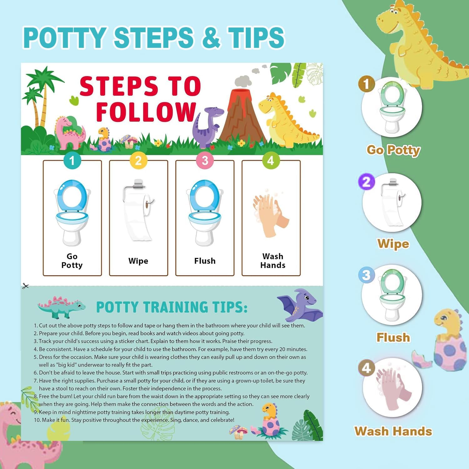 IONPSHG Potty Training Chart for Toddlers Boys & Girls Cartoon Potty Chart with Stickers Toddler Potty Training Sticker Chart for Toilet Training Kids Rewards Chart for Reward Chart on Wall Bathroom (Dinosaur) image number 4