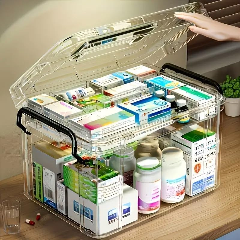 AIMALL Multi-Layer Transparent Medicine Storage Box &ndash; Large Capacity Emergency Medical Organizer with Double-Layer Design and Handles for Household Use