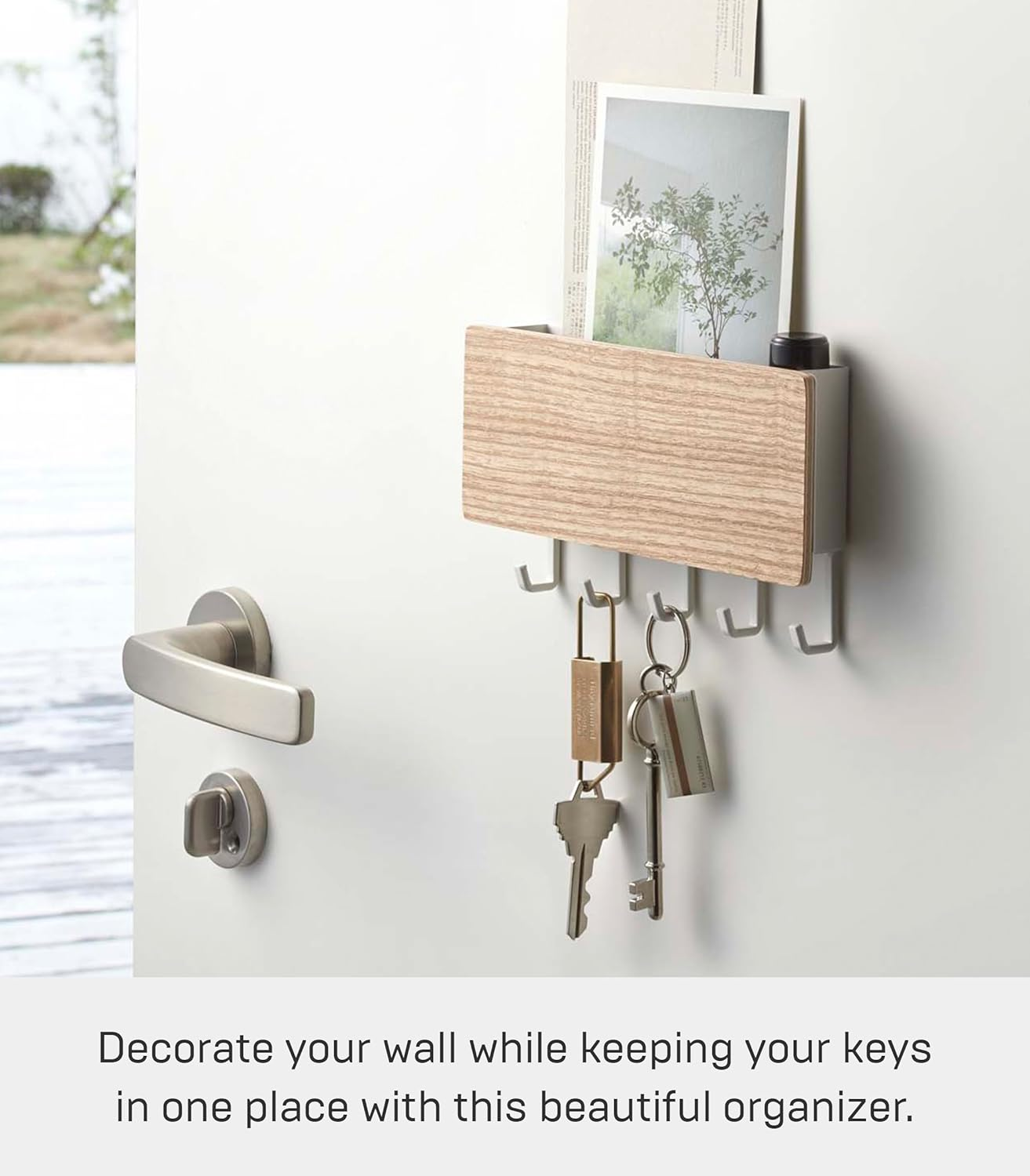 Yamazaki Home Magnetic Wall Organizer - Key Hooks & Tray for Storage Steel + Wood One Size Ash image number 4