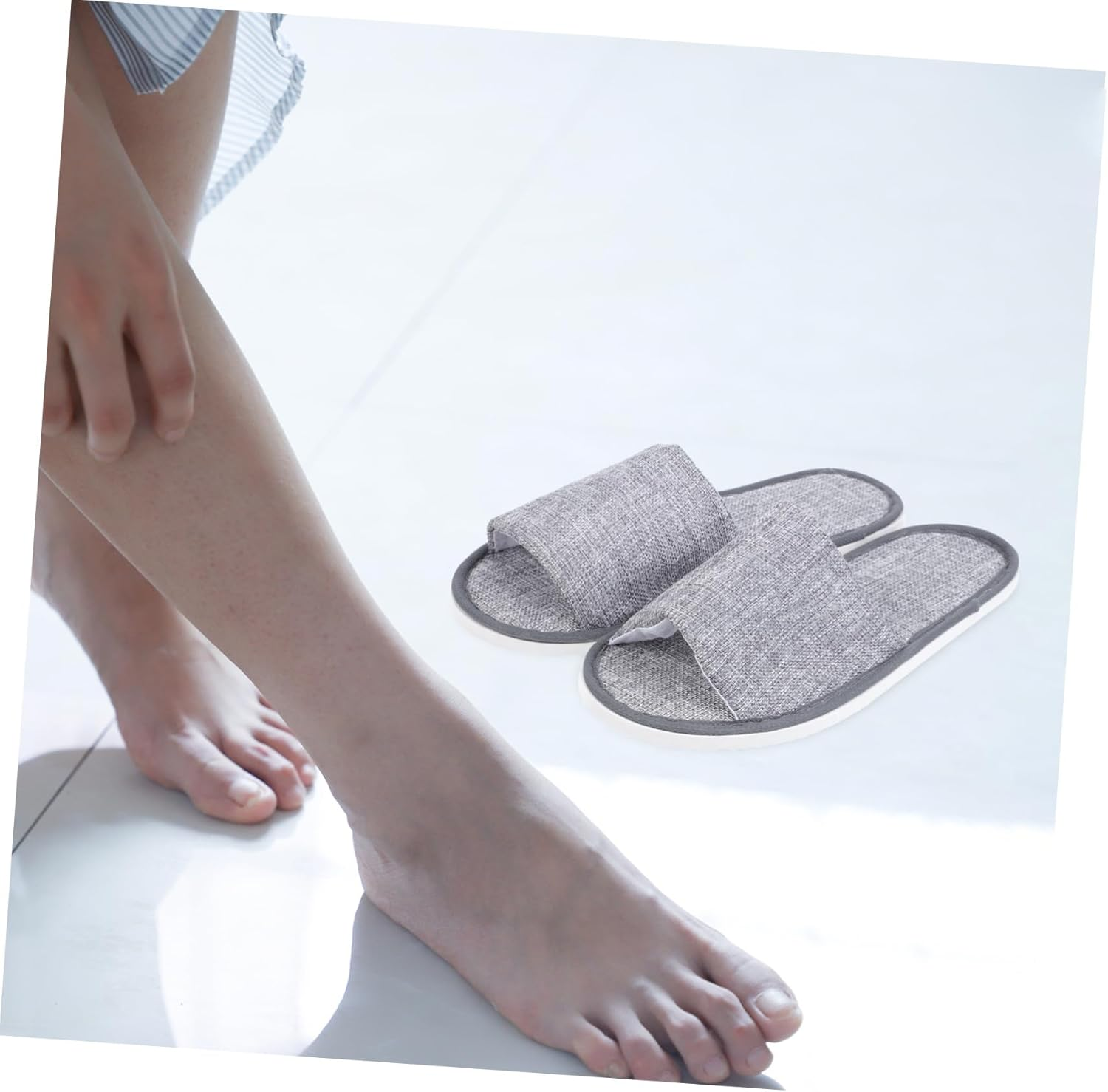 Outanaya 6 Pairs Breathable Open Toe Disposable Slippers Non Slip Floor Slippers for Travel Lightweight Comfortable Cotton Linen Gray image number 4