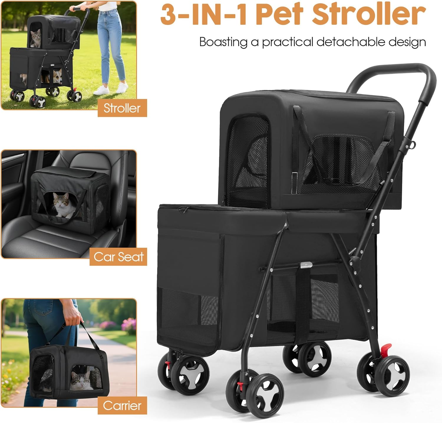 Advwin Double Pet Stroller for Dogs and Cats, 3-In-1 Dog Jogger Stroller Foldable Travel Carriage with Detachable Carriers, Safety Belts, and Lockable Wheels for Multi-Pet Homes