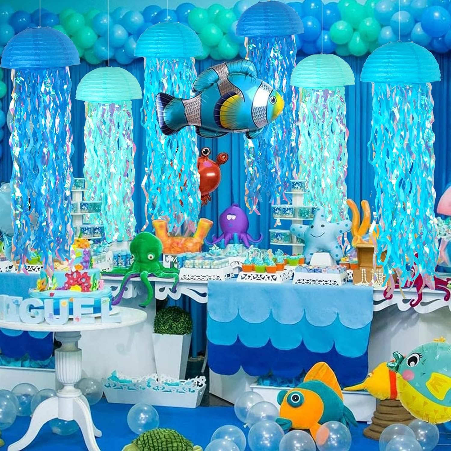Blue Hanging Jelly Fish Paper Lanterns, Gradient Colorful Paper Lanterns for Mermaid Theme Party under the Sea Ocean Birthday Decorations Baby Shower Baby Room image number 2