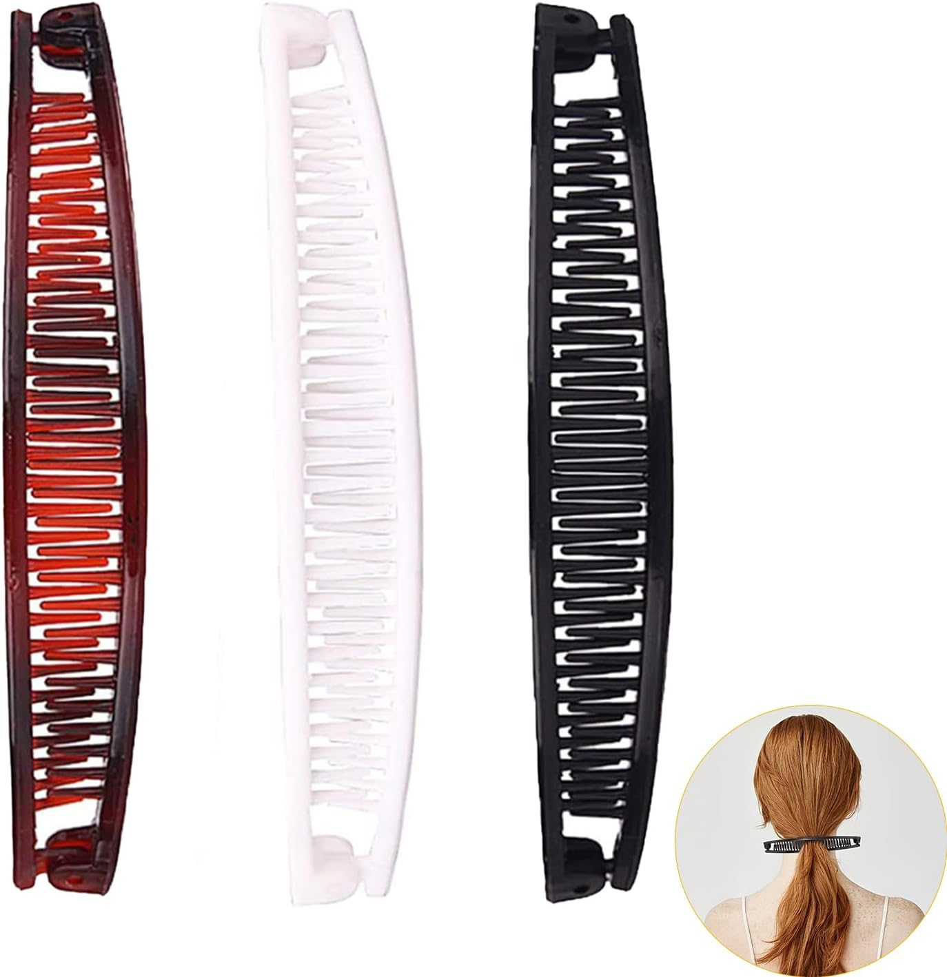 Pack of 3 Banana Clip Large, Banana Clip Hair Accessories, Fishtail Hair Combs Ponytail Banana Clips, Hair Accessory for Women and Girls, for Ponytail, (Brown, Black, White) image number 5